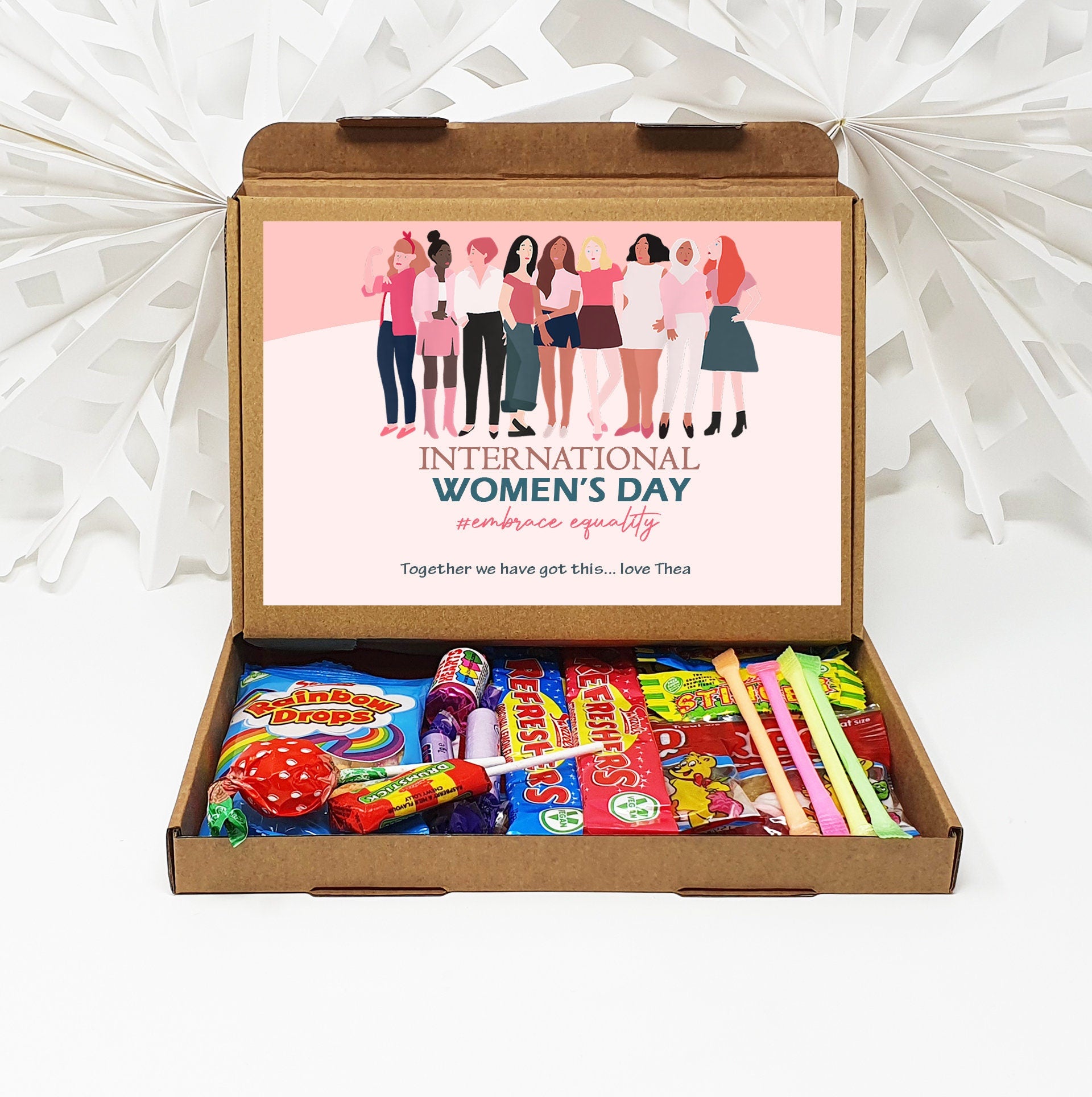 Personalised International Women&#39;s Day Treats Box Gift Employee Appreciation - Hug in a box Corporate Employee Inspirational Women