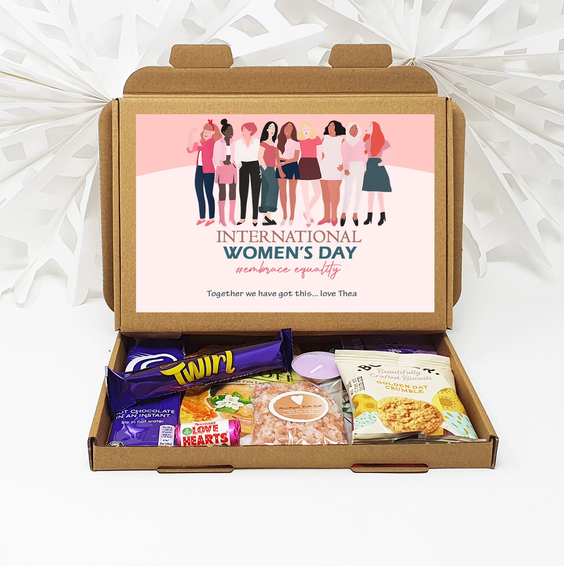 Personalised International Women&#39;s Day Treats Box Gift Employee Appreciation - Hug in a box Corporate Employee Inspirational Women