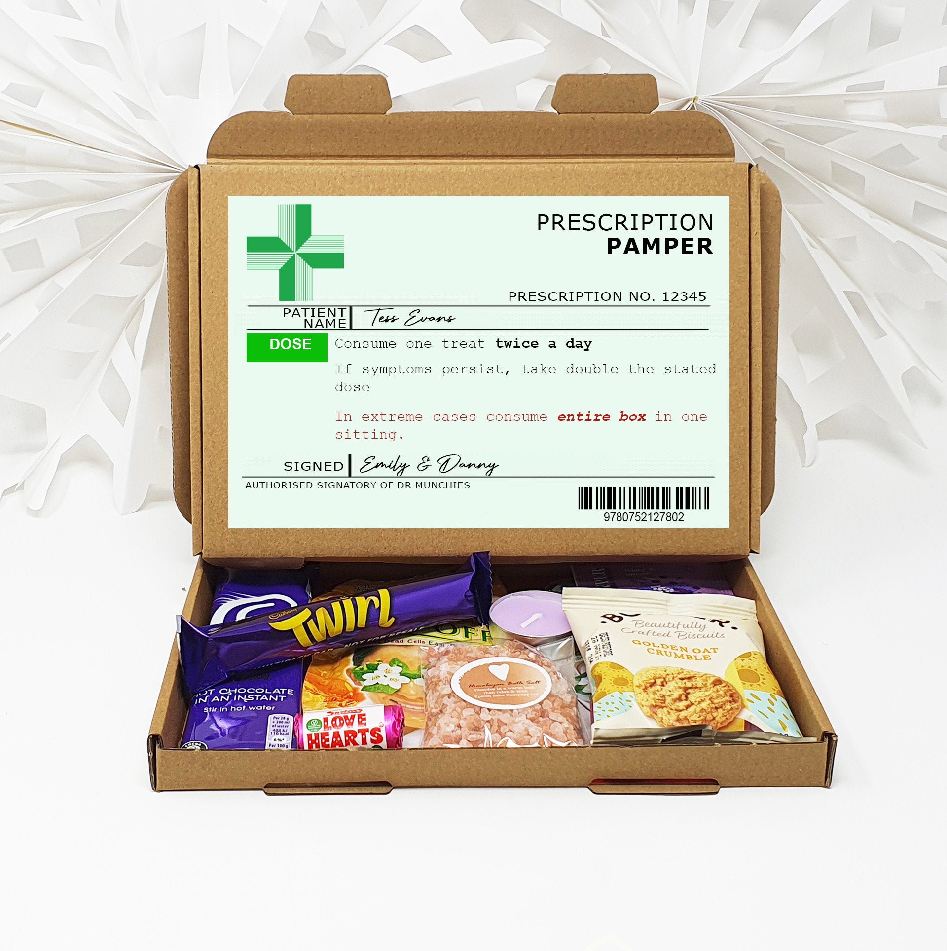 Personalised Get well soon prescription Hug in a box, Letterbox gift Afternoon tea, hamper gift, thank you gift,