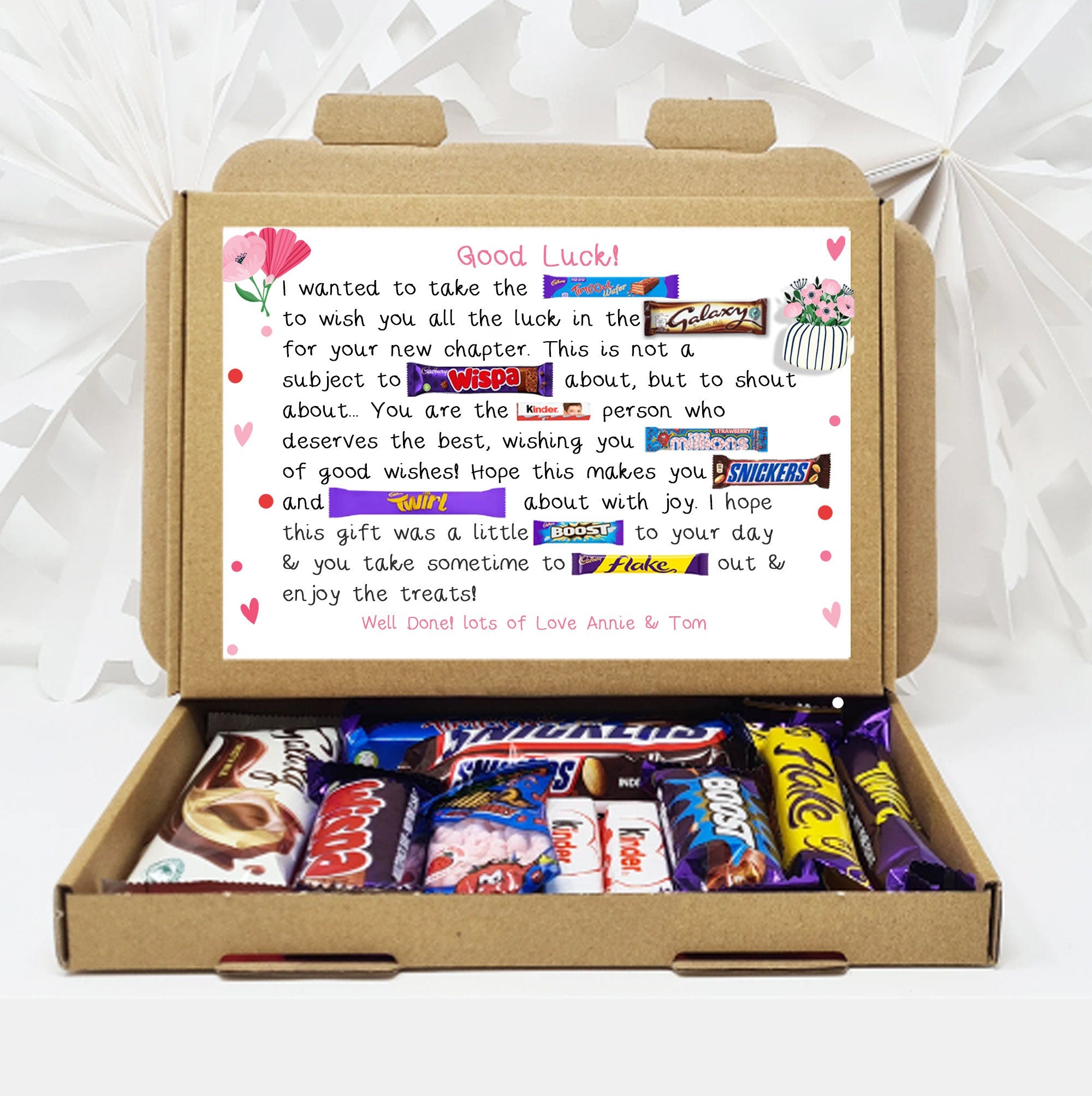 Personalised Good Luck New Job Sorry your leaving Treat Box Letterbox Gift Hug in a Box Hamper Chocolate Poem Unique