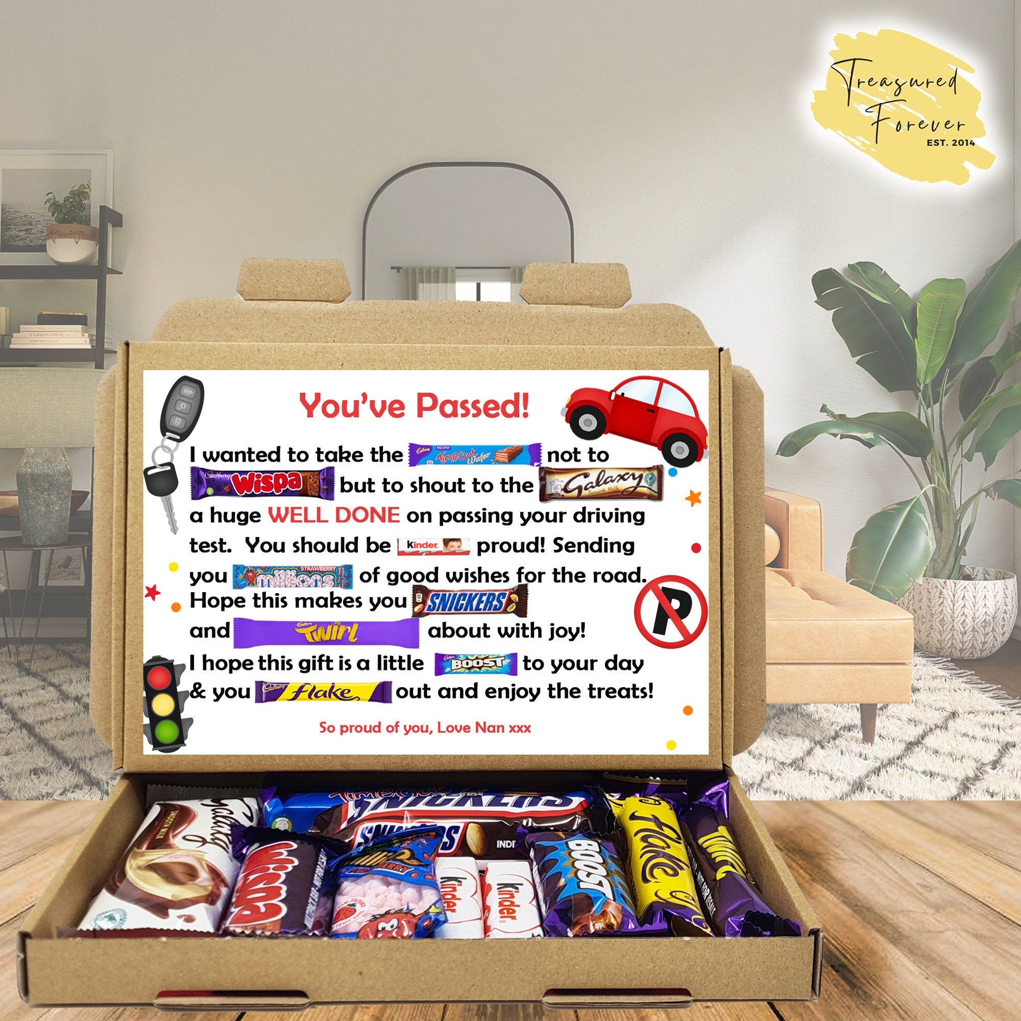 Congratulations on Passing Driving Test - Personalised Chocolate Message Gift Box Letterbox Gift Hug in a Box Chocolate Poem Unique