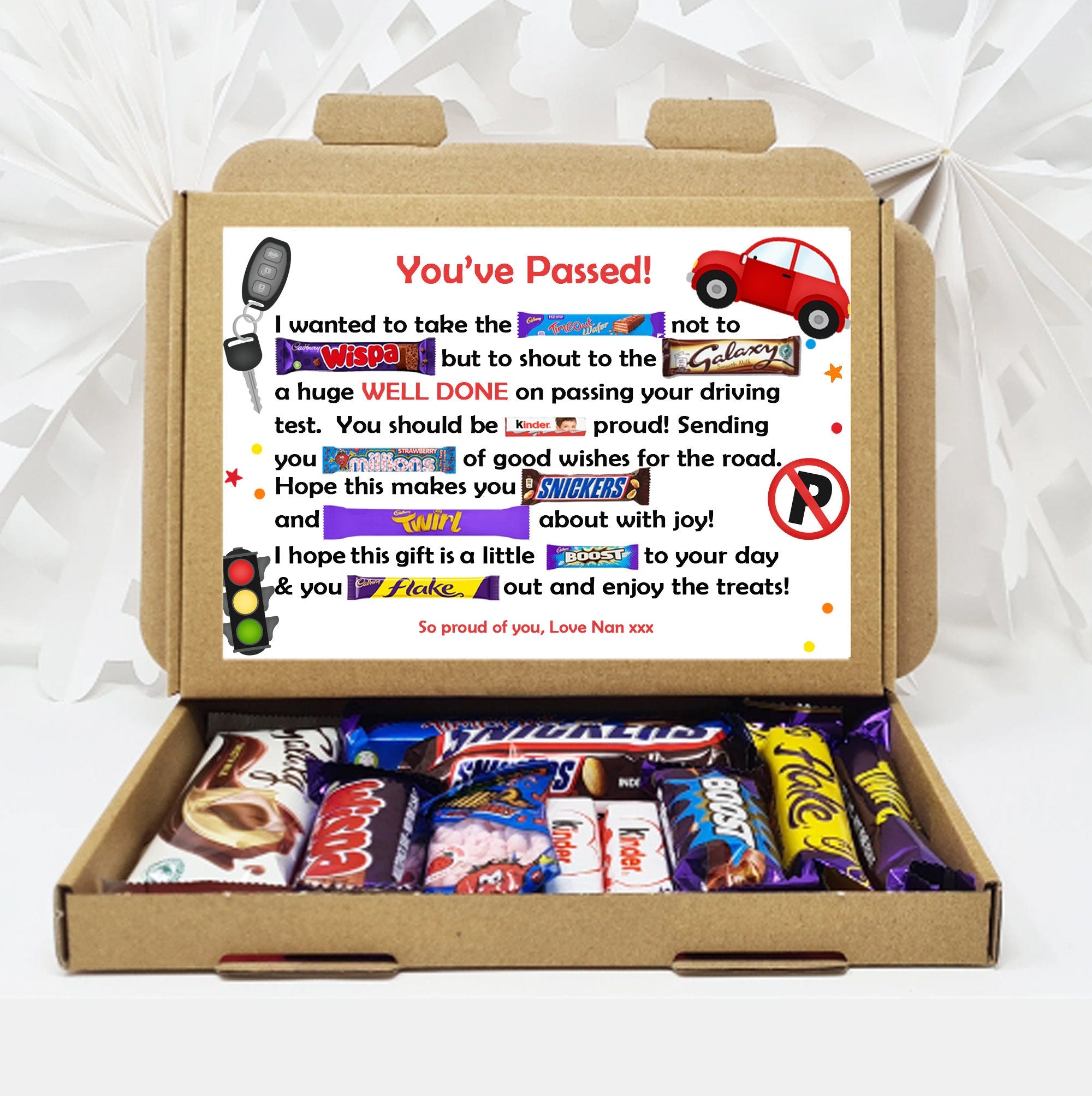 Congratulations on Passing Driving Test - Personalised Chocolate Message Gift Box Letterbox Gift Hug in a Box Chocolate Poem Unique