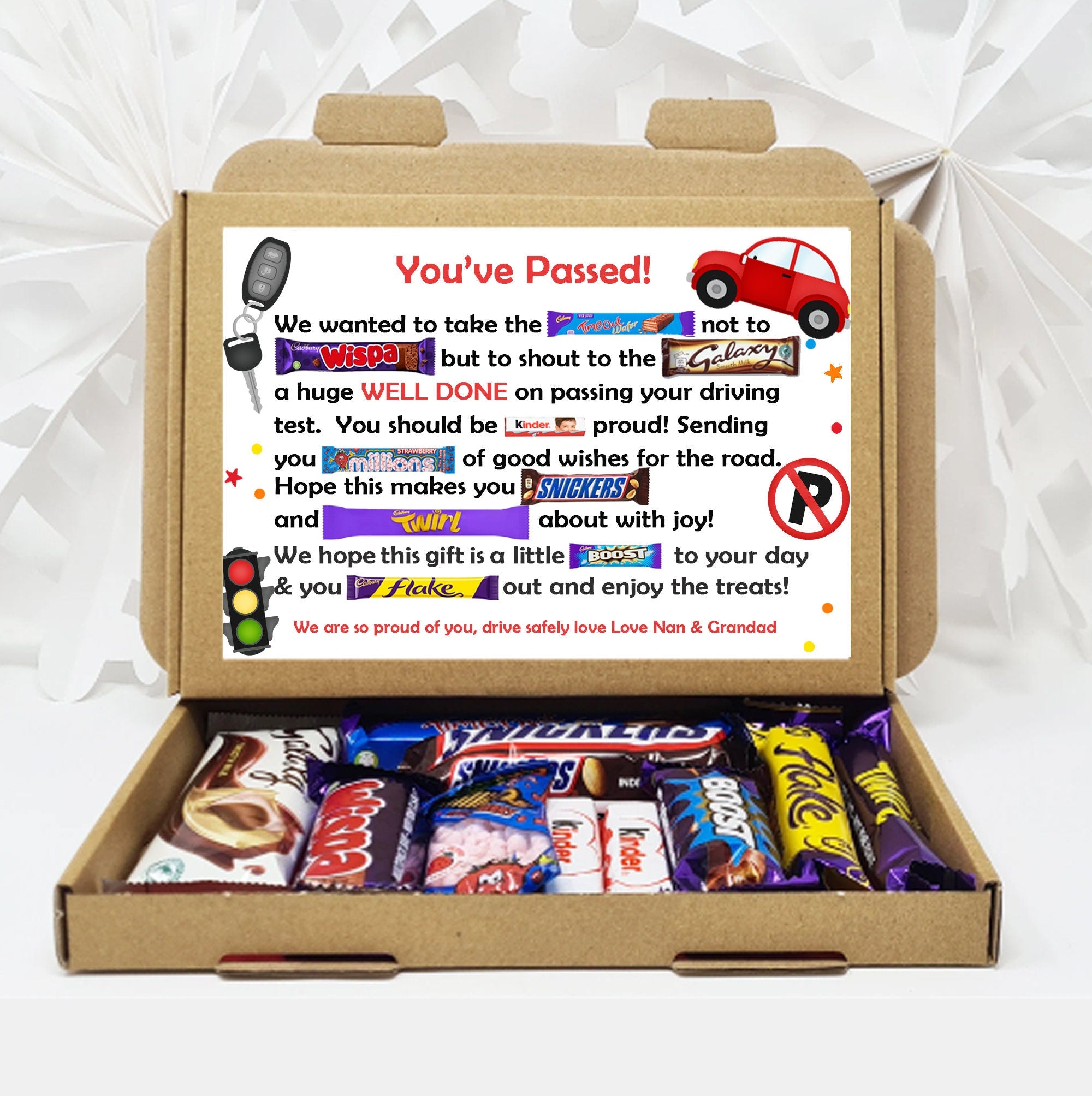 Congratulations on Passing Driving Test - Personalised Chocolate Message Gift Box Letterbox Gift Hug in a Box Chocolate Poem Unique