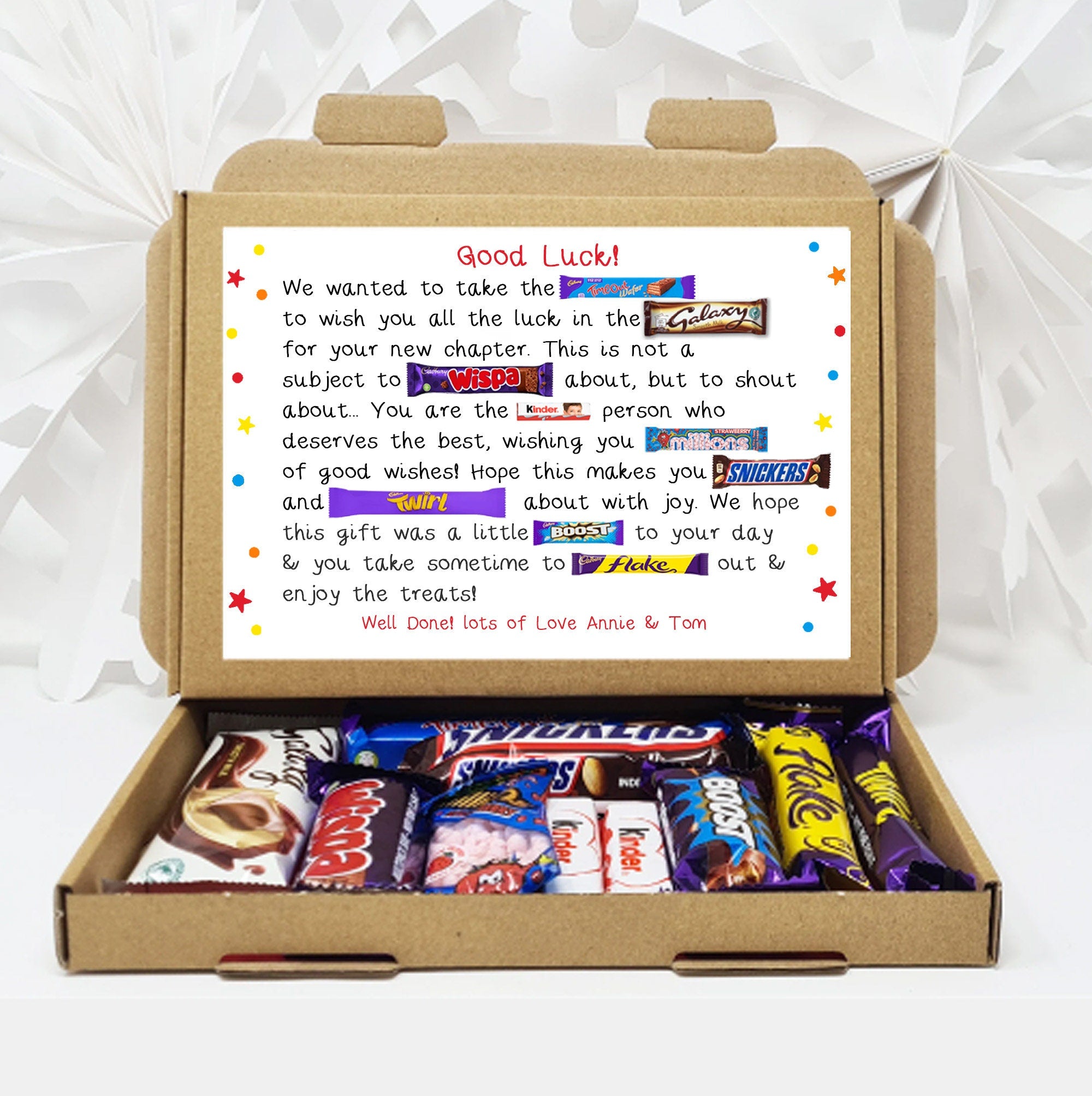 Personalised Good Luck New Job Sorry your leaving Treat Box Letterbox Gift Hug in a Box Hamper Chocolate Poem Unique