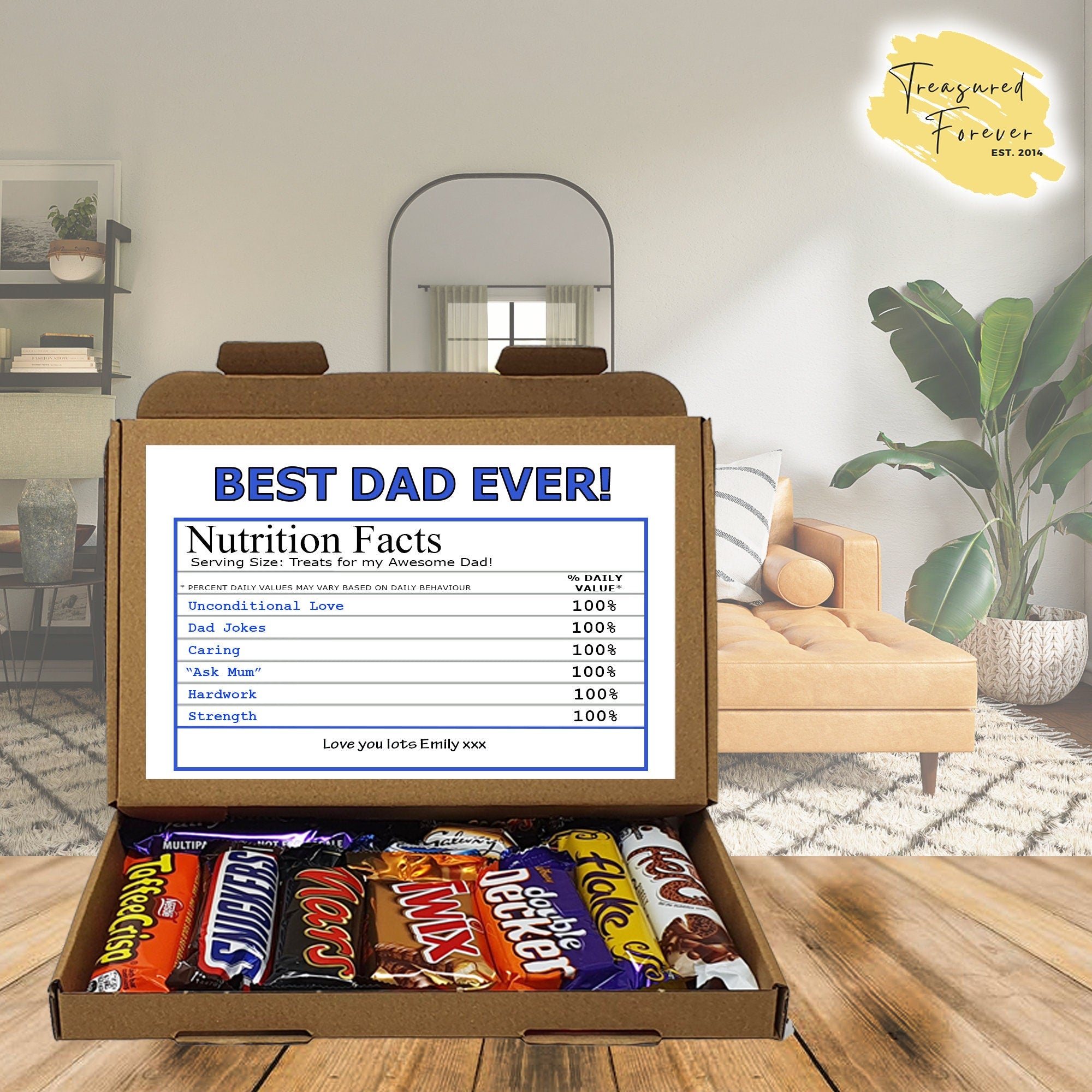 Personalised Fathers day Best Dad Nutrition Facts Treat Box, Gift Tea Lover, Afternoon tea, hamper gift Chocolate Sweets