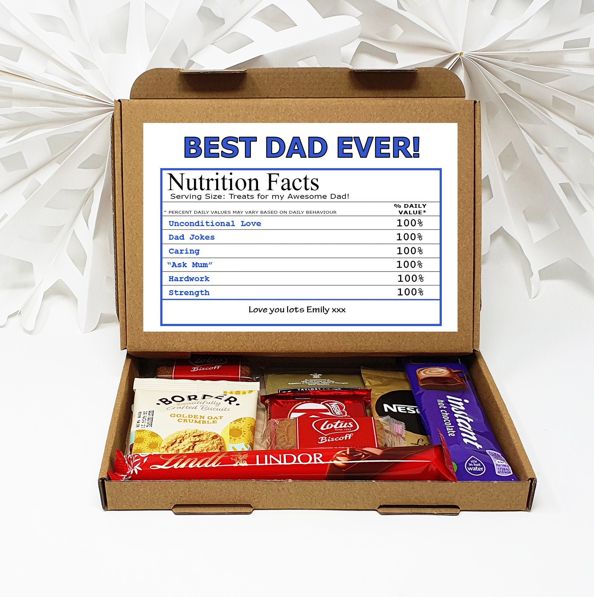 Personalised Fathers day Best Dad Nutrition Facts Treat Box, Gift Tea Lover, Afternoon tea, hamper gift Chocolate Sweets