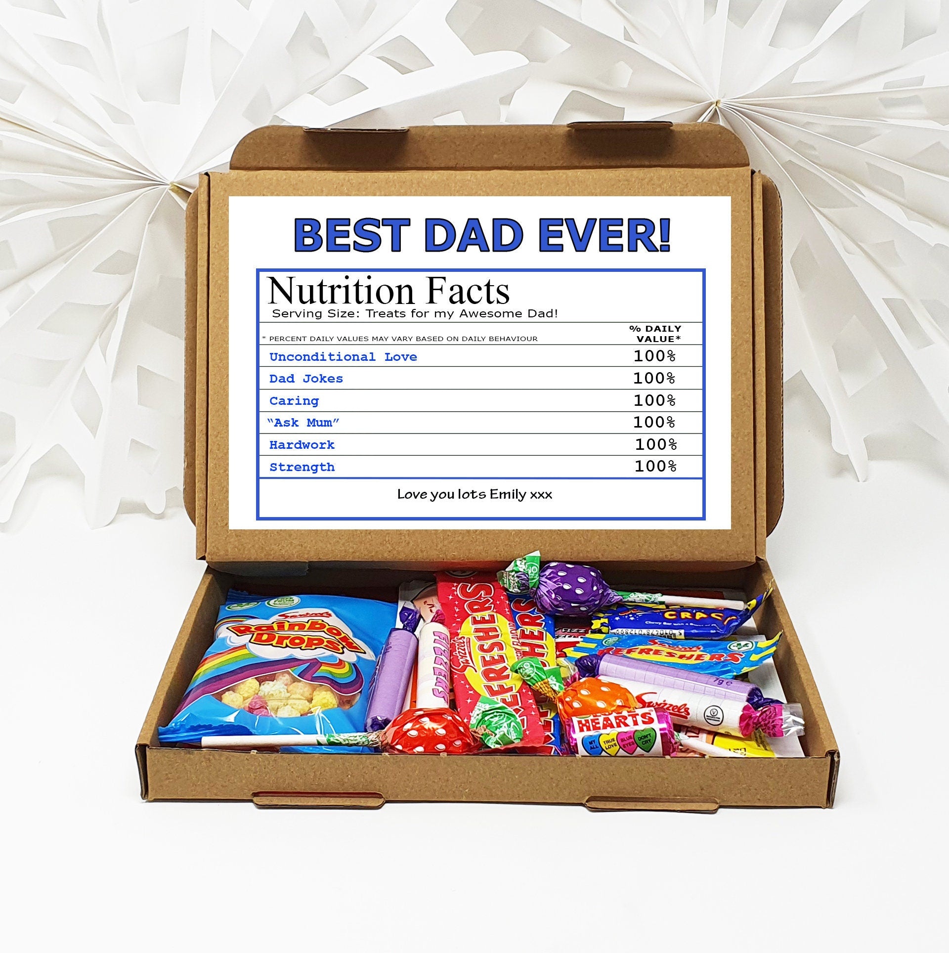 Personalised Fathers day Best Dad Nutrition Facts Treat Box, Gift Tea Lover, Afternoon tea, hamper gift Chocolate Sweets