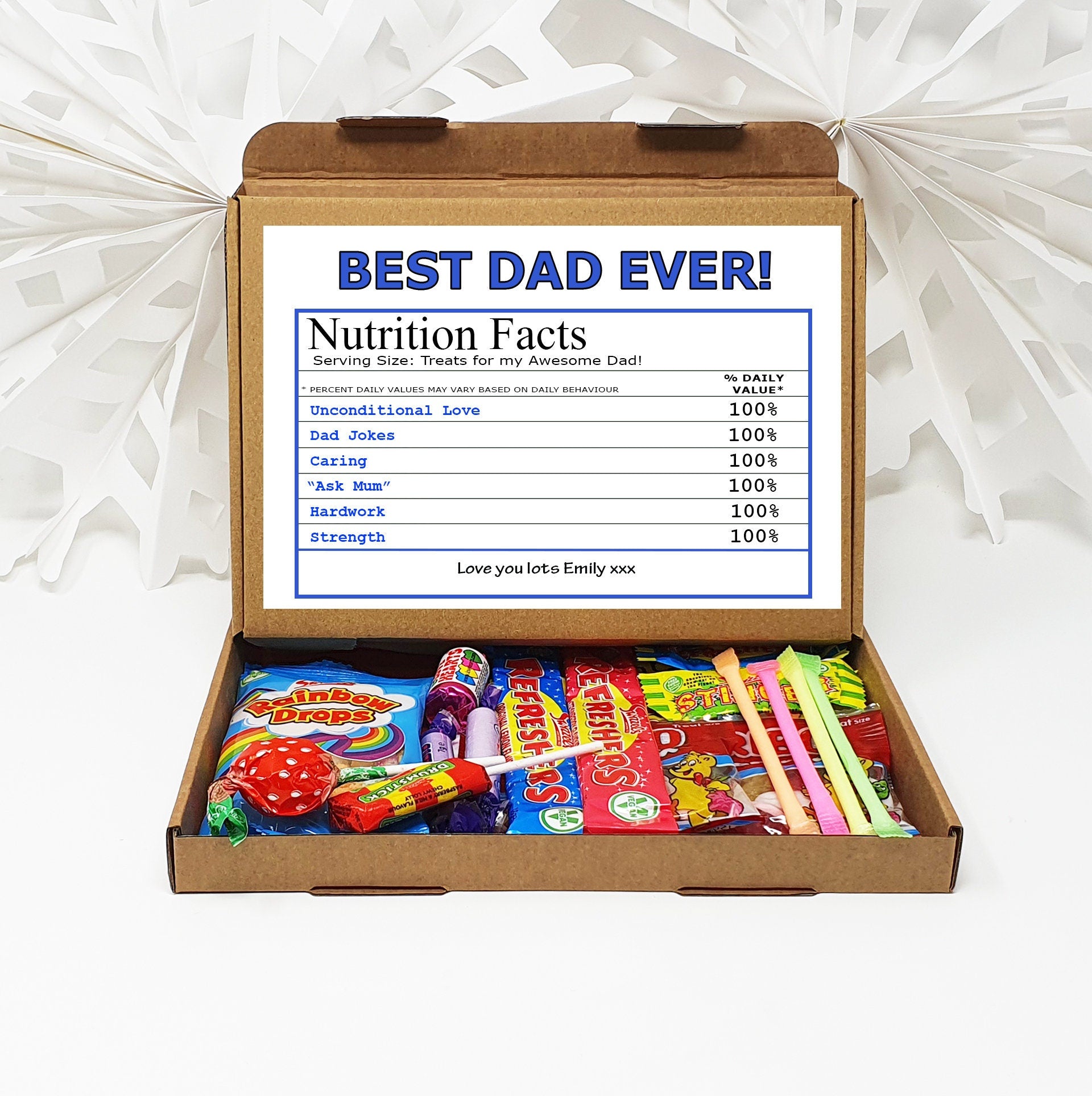 Personalised Fathers day Best Dad Nutrition Facts Treat Box, Gift Tea Lover, Afternoon tea, hamper gift Chocolate Sweets