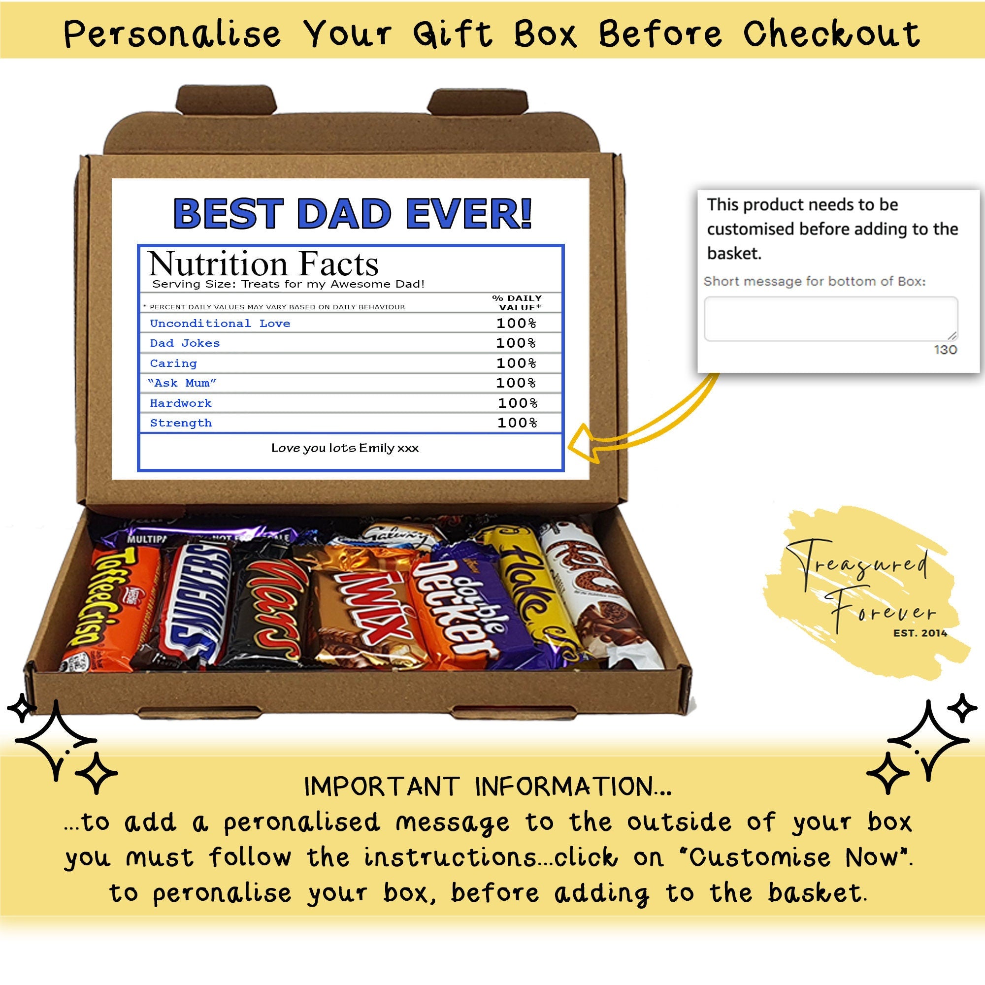 Personalised Fathers day Best Dad Nutrition Facts Treat Box, Gift Tea Lover, Afternoon tea, hamper gift Chocolate Sweets