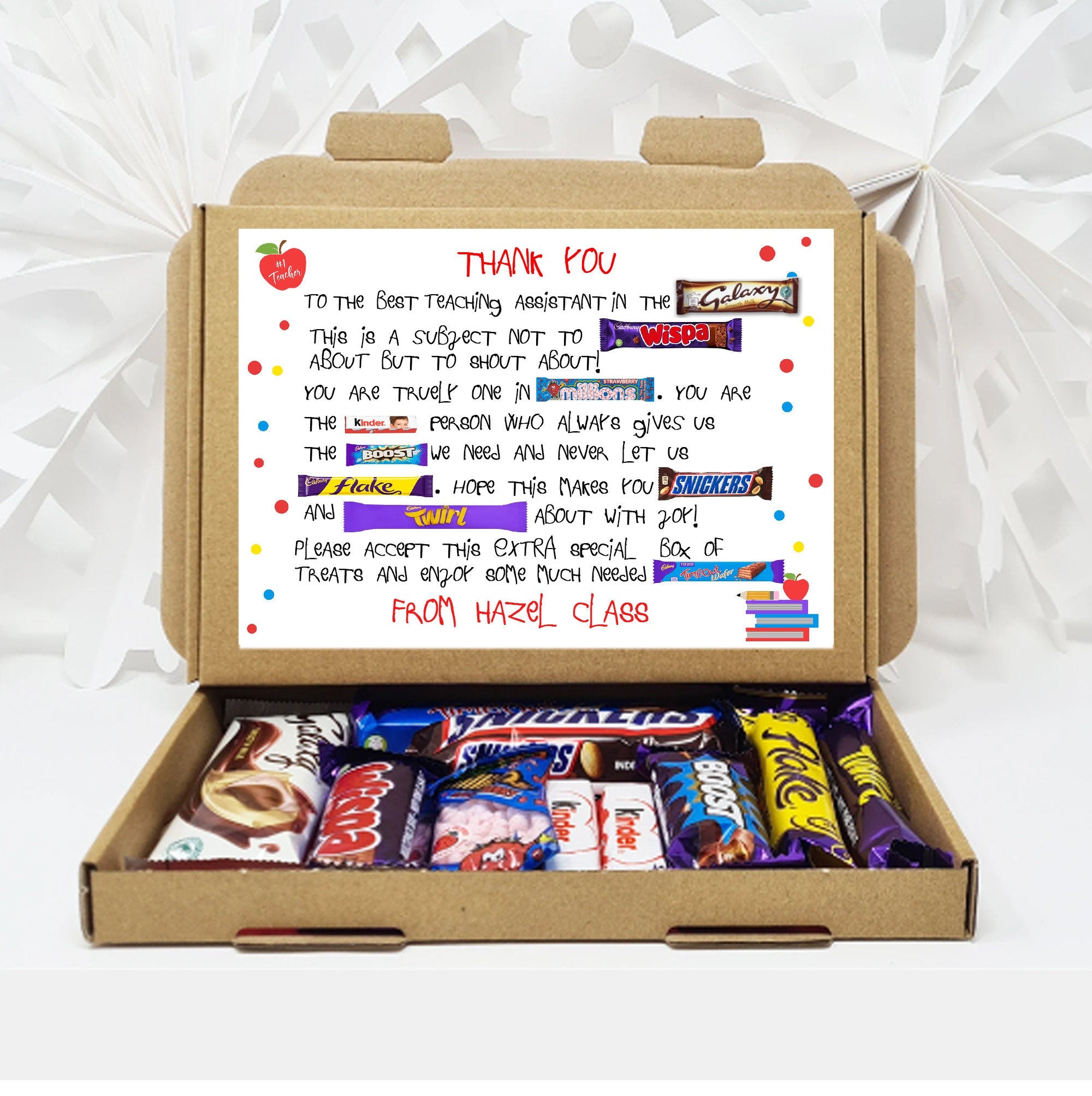 Personalised  Teacher Poem summer gift Poem End of Term Treat Box Hug in a box, hamper gift thank you gift Lollypop lady Key worker Music PE