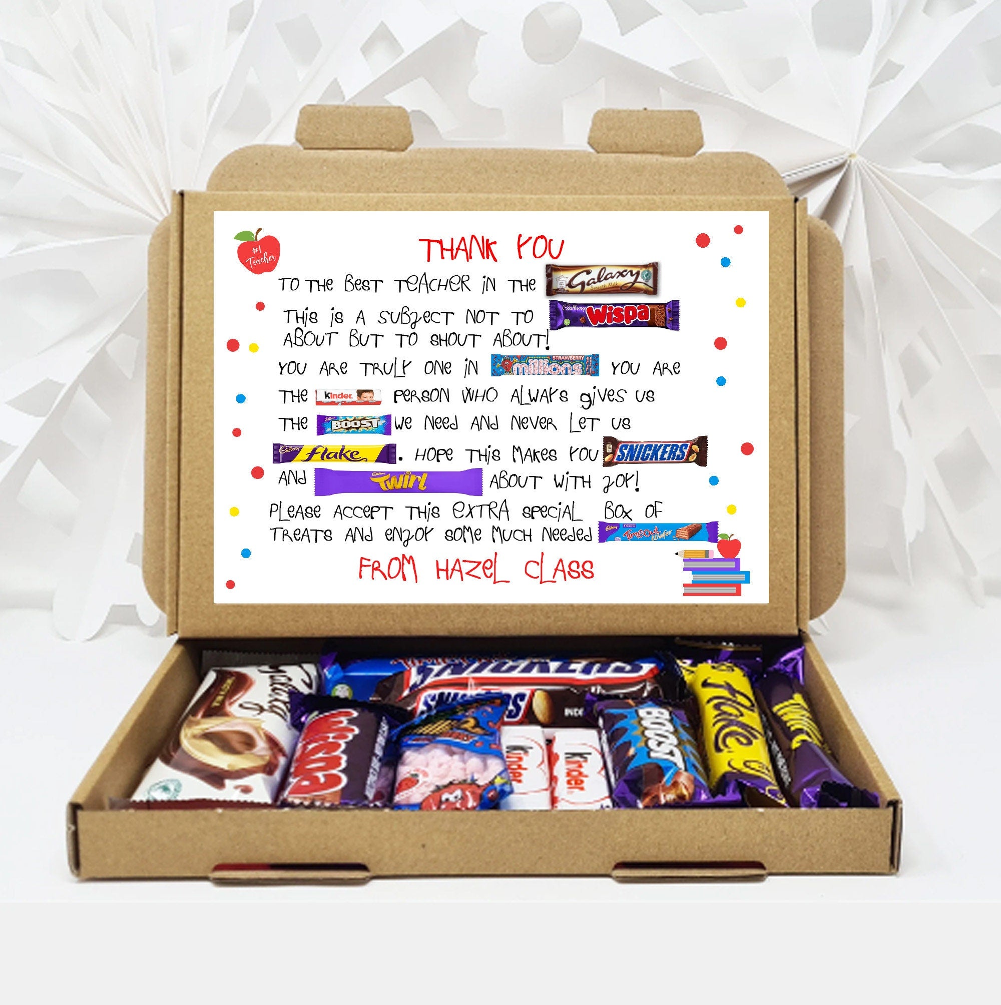 Personalised  Teacher Poem summer gift Poem End of Term Treat Box Hug in a box, hamper gift thank you gift Lollypop lady Key worker Music PE