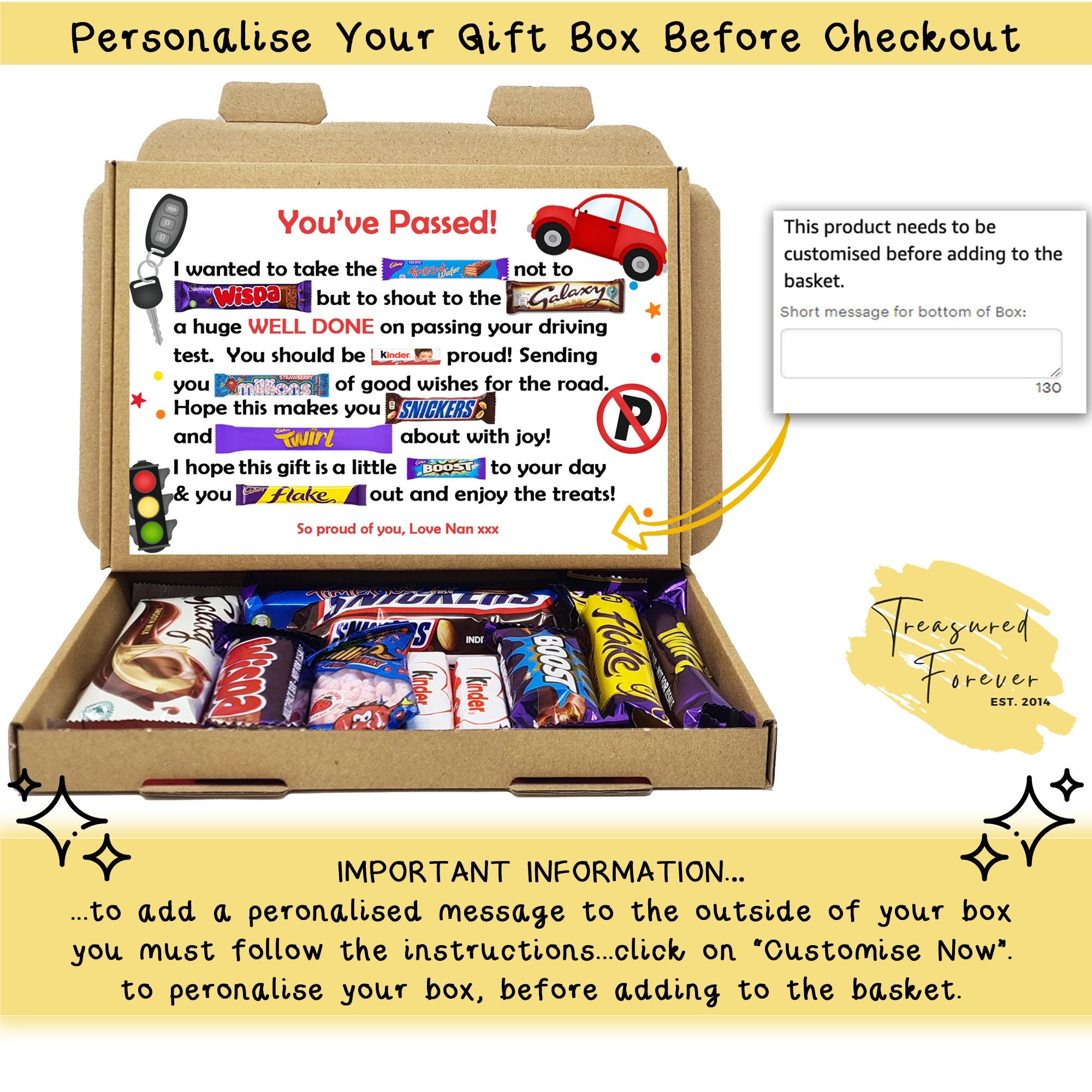 Congratulations on Passing Driving Test - Personalised Chocolate Message Gift Box Letterbox Gift Hug in a Box Chocolate Poem Unique