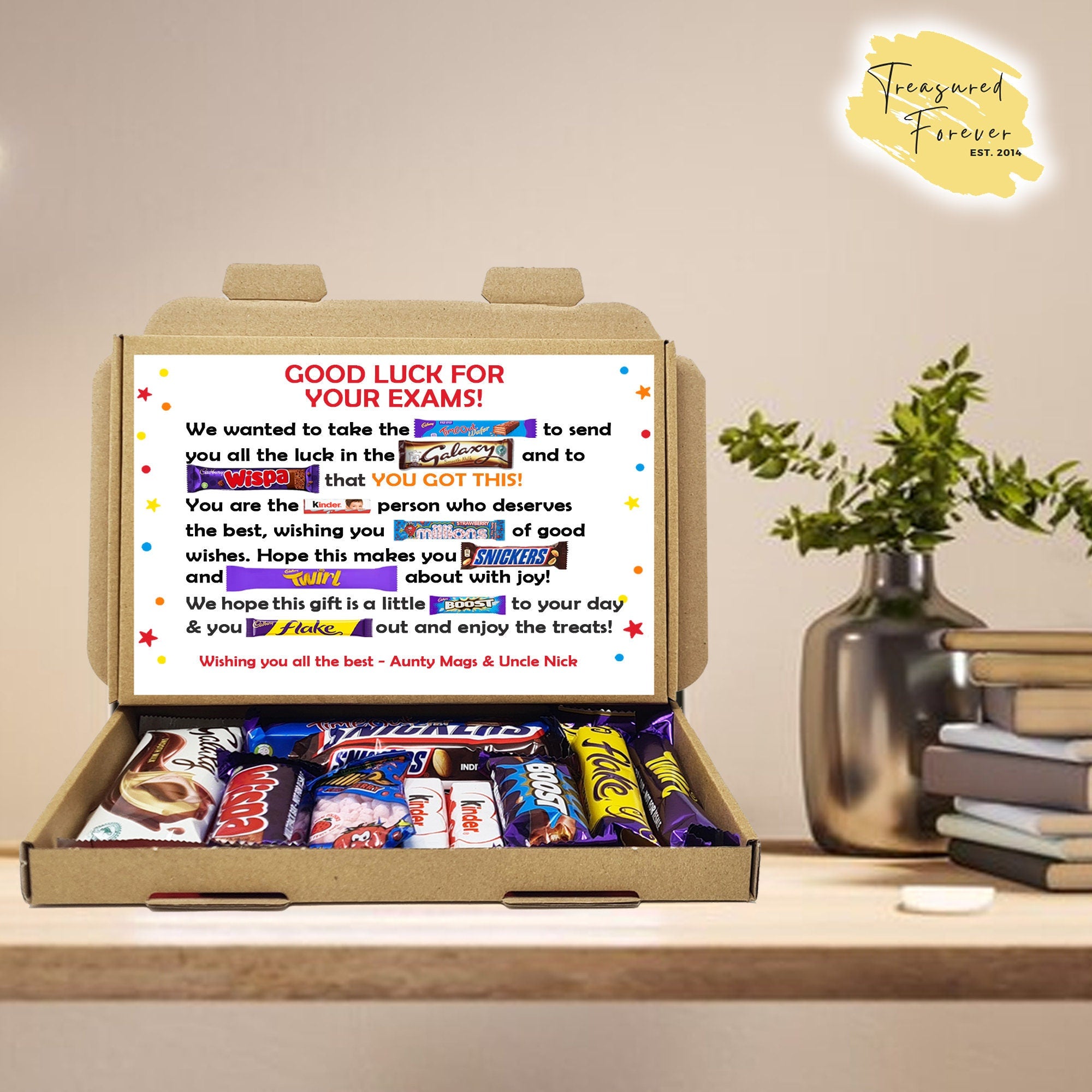 Personalised  Exam Good Luck Treat Box/ SATS/ GCSES/ 11+ A Levels Good Luck Treat Box Letterbox Gift Hug in a Box Chocolate Poem Unique