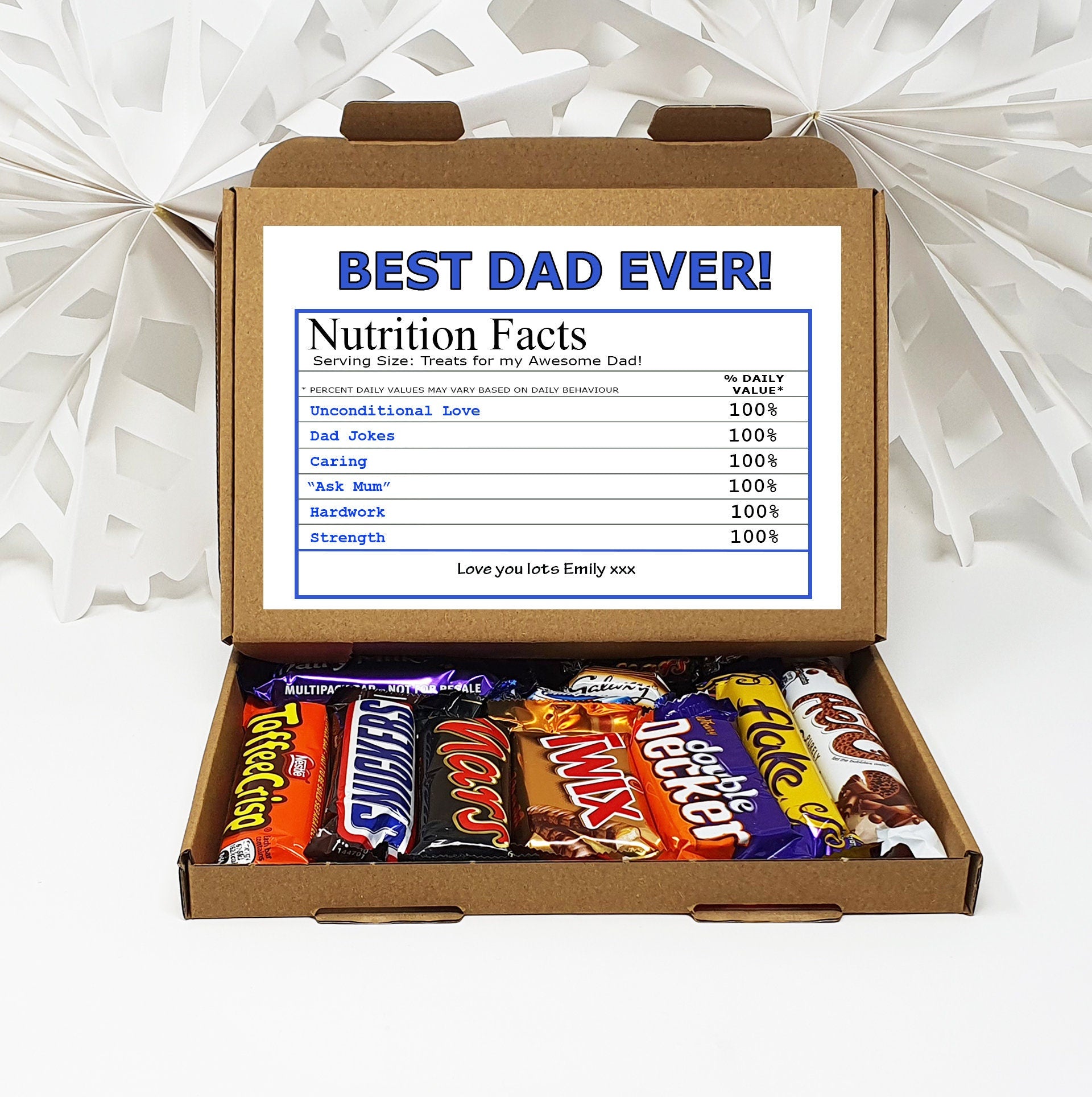 Personalised Fathers day Best Dad Nutrition Facts Treat Box, Gift Tea Lover, Afternoon tea, hamper gift Chocolate Sweets