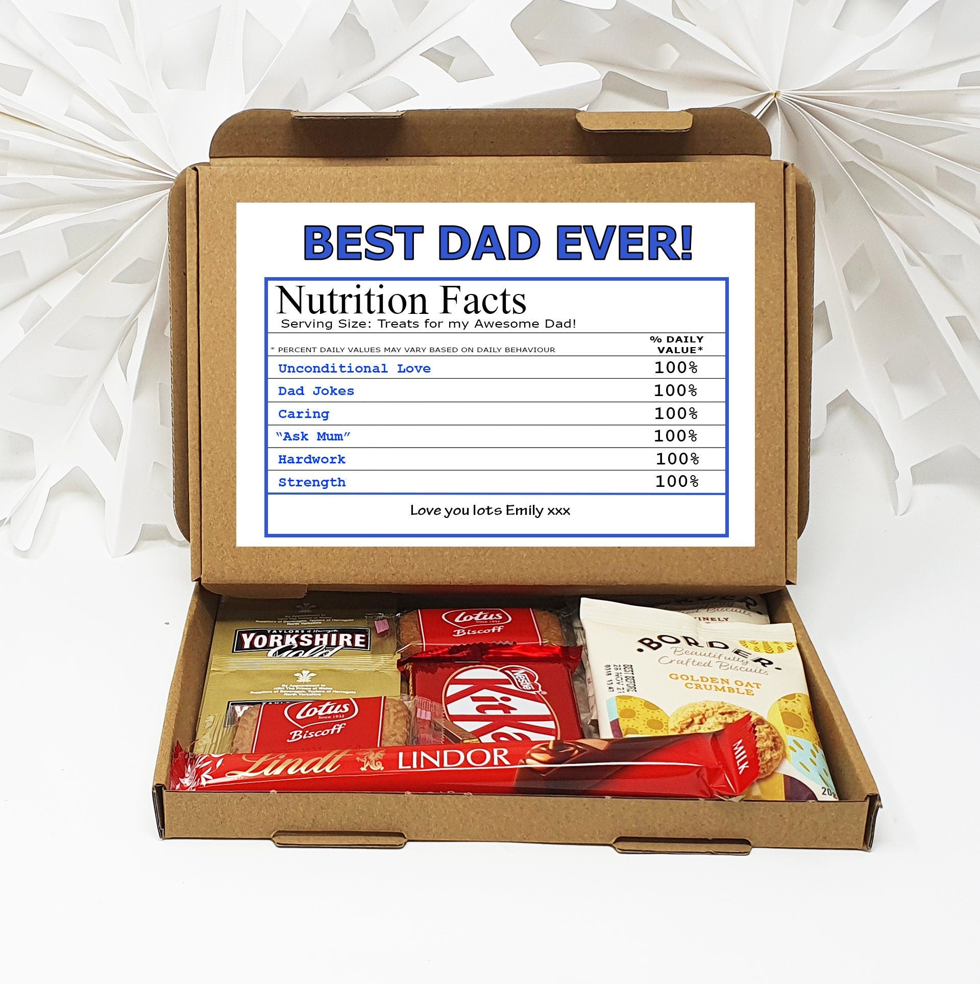 Personalised Fathers day Best Dad Nutrition Facts Treat Box, Gift Tea Lover, Afternoon tea, hamper gift Chocolate Sweets