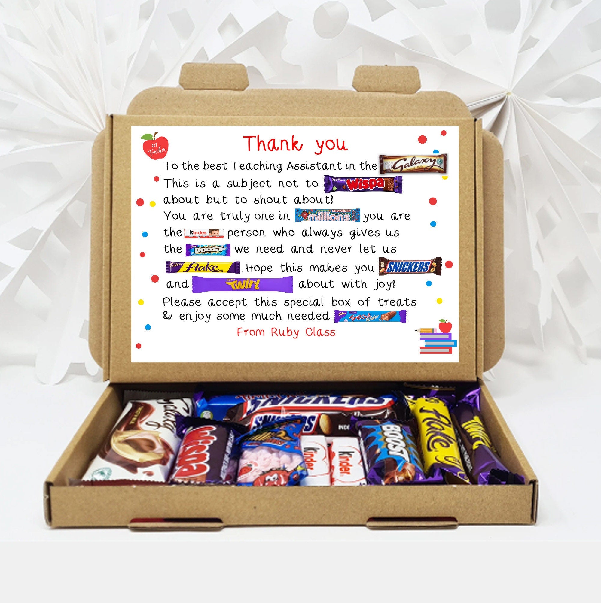 Personalised  Teacher Poem summer gift Poem End of Term Treat Box Hug in a box, hamper gift thank you gift Lollypop lady Key worker Music PE