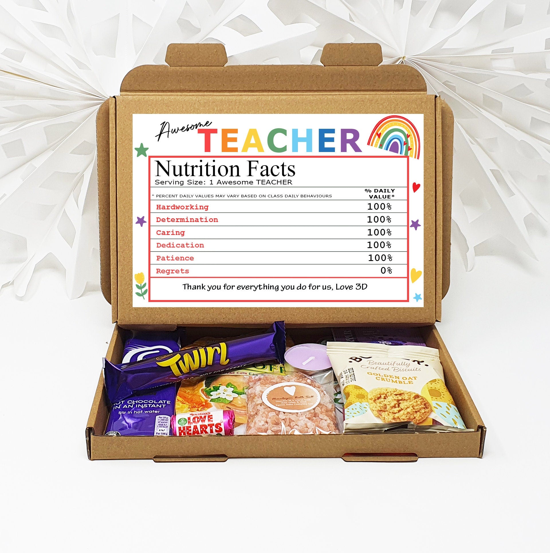 Personalised Thank you Teacher Nutrition Facts Treat Box Hug in a box, gift Afternoon tea, hamper gift, thank you gift, End of term