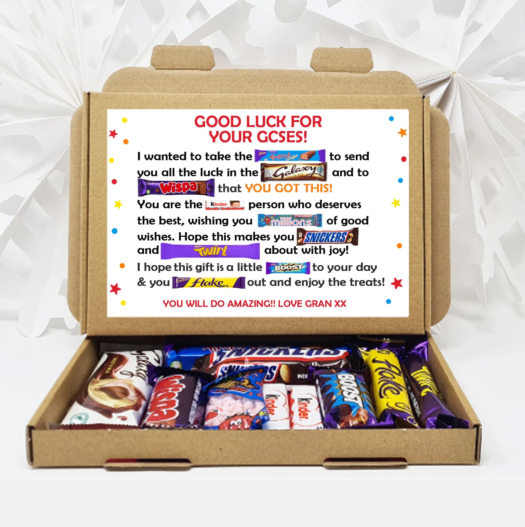 Personalised  Exam Good Luck Treat Box/ SATS/ GCSES/ 11+ A Levels Good Luck Treat Box Letterbox Gift Hug in a Box Chocolate Poem Unique