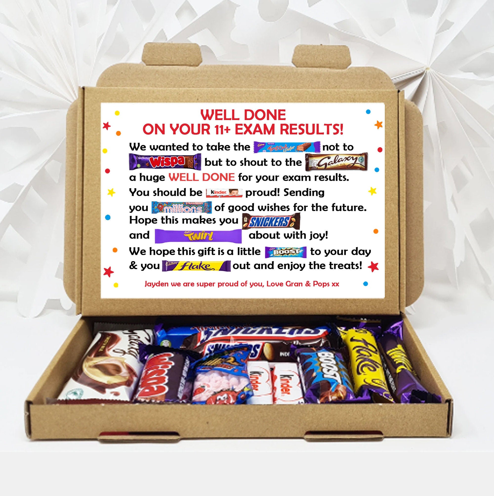 Personalised Well done in Exam Treat Box/ SATS/ GCSES/ A Levels Well done Treat Box Letterbox Gift Hug in a Box Chocolate Poem Unique