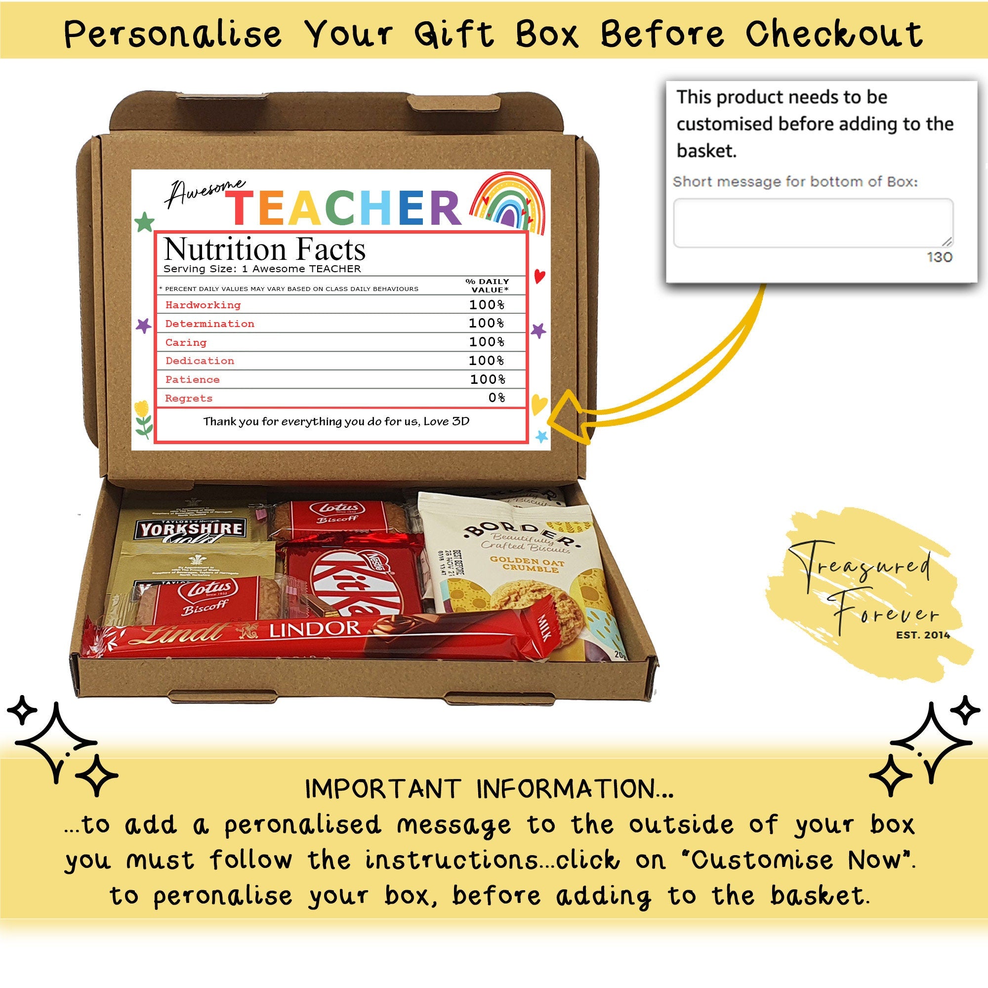 Personalised Thank you Teacher Nutrition Facts Treat Box Hug in a box, gift Afternoon tea, hamper gift, thank you gift, End of term