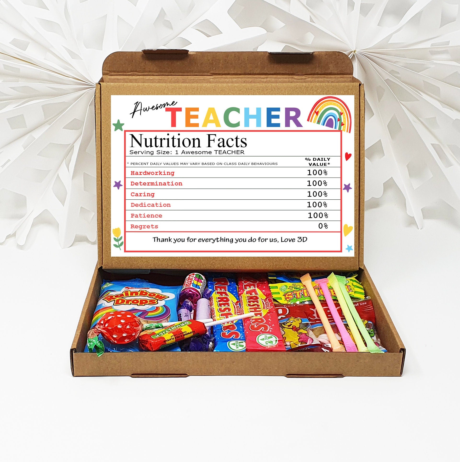 Personalised Thank you Teacher Nutrition Facts Treat Box Hug in a box, gift Afternoon tea, hamper gift, thank you gift, End of term