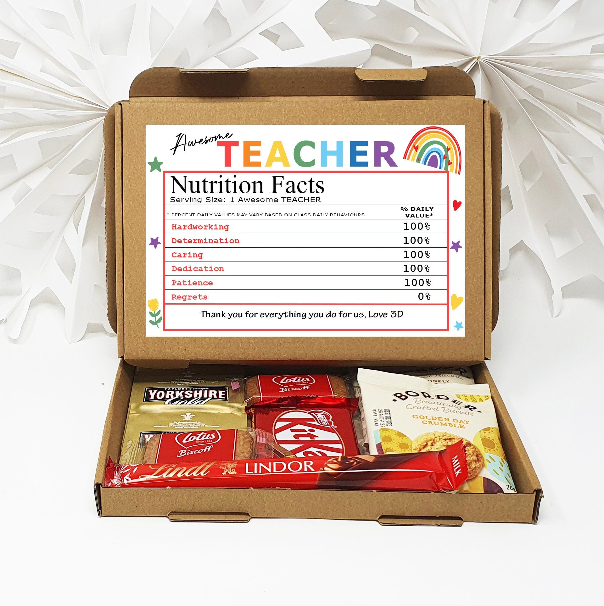 Personalised Thank you Teacher Nutrition Facts Treat Box Hug in a box, gift Afternoon tea, hamper gift, thank you gift, End of term