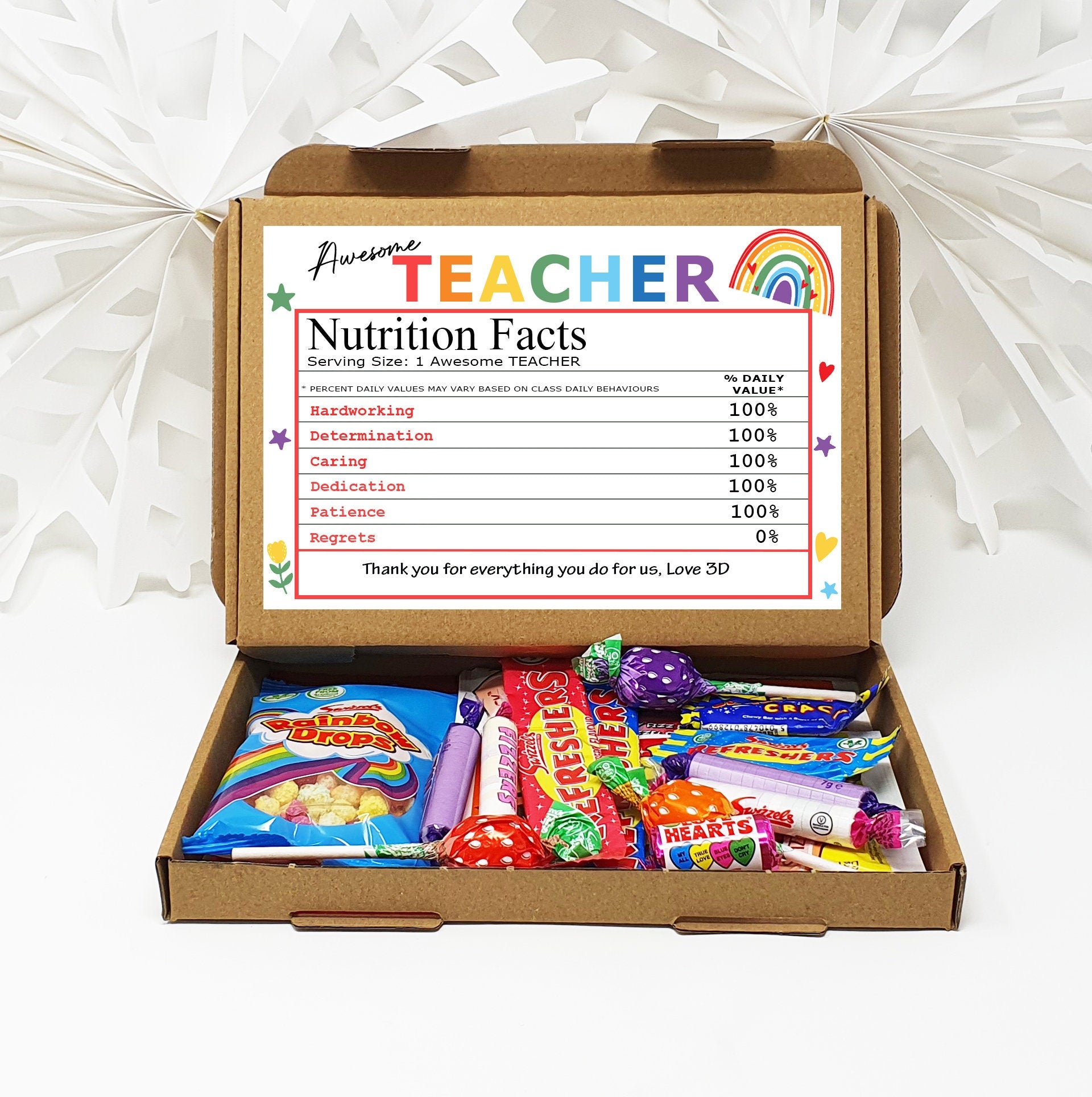 Personalised Thank you Teacher Nutrition Facts Treat Box Hug in a box, gift Afternoon tea, hamper gift, thank you gift, End of term