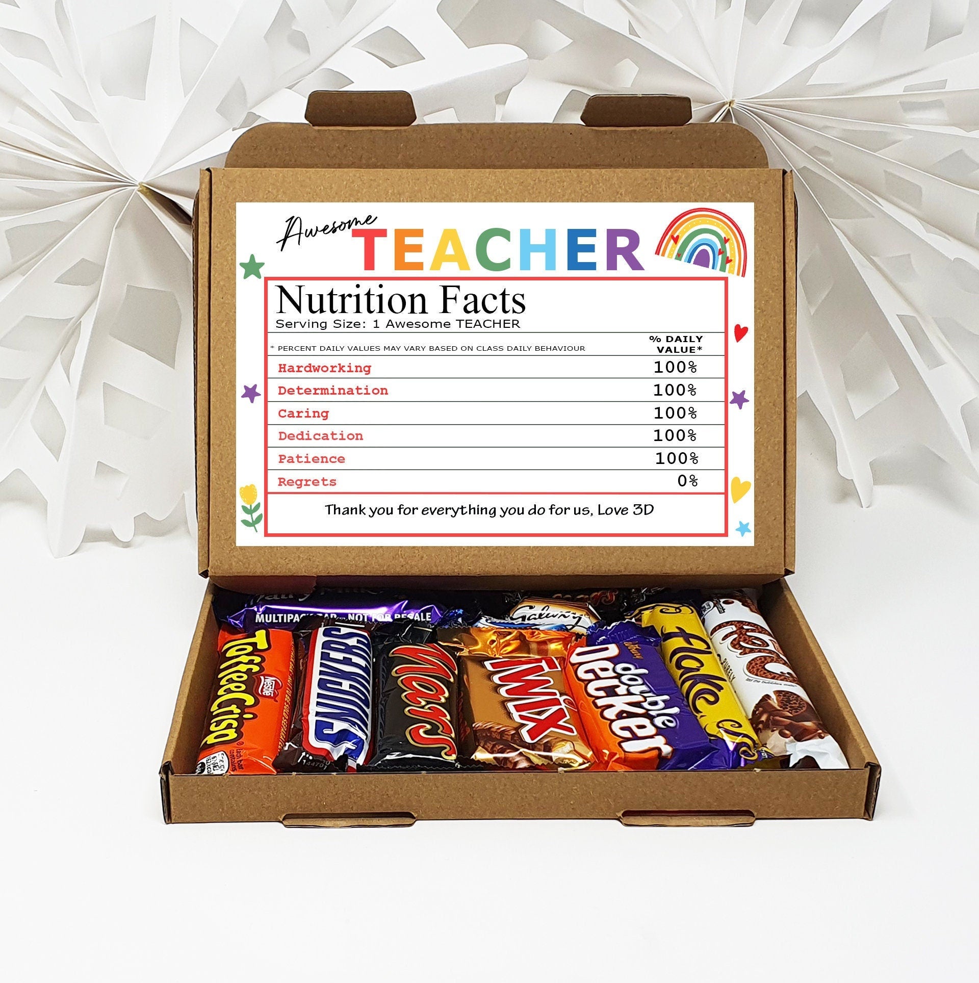 Personalised Thank you Teacher Nutrition Facts Treat Box Hug in a box, gift Afternoon tea, hamper gift, thank you gift, End of term