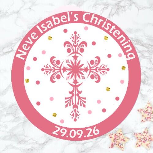 24 Personalised Blue or Pink Banner Christening Baptism round stickers labels sheet