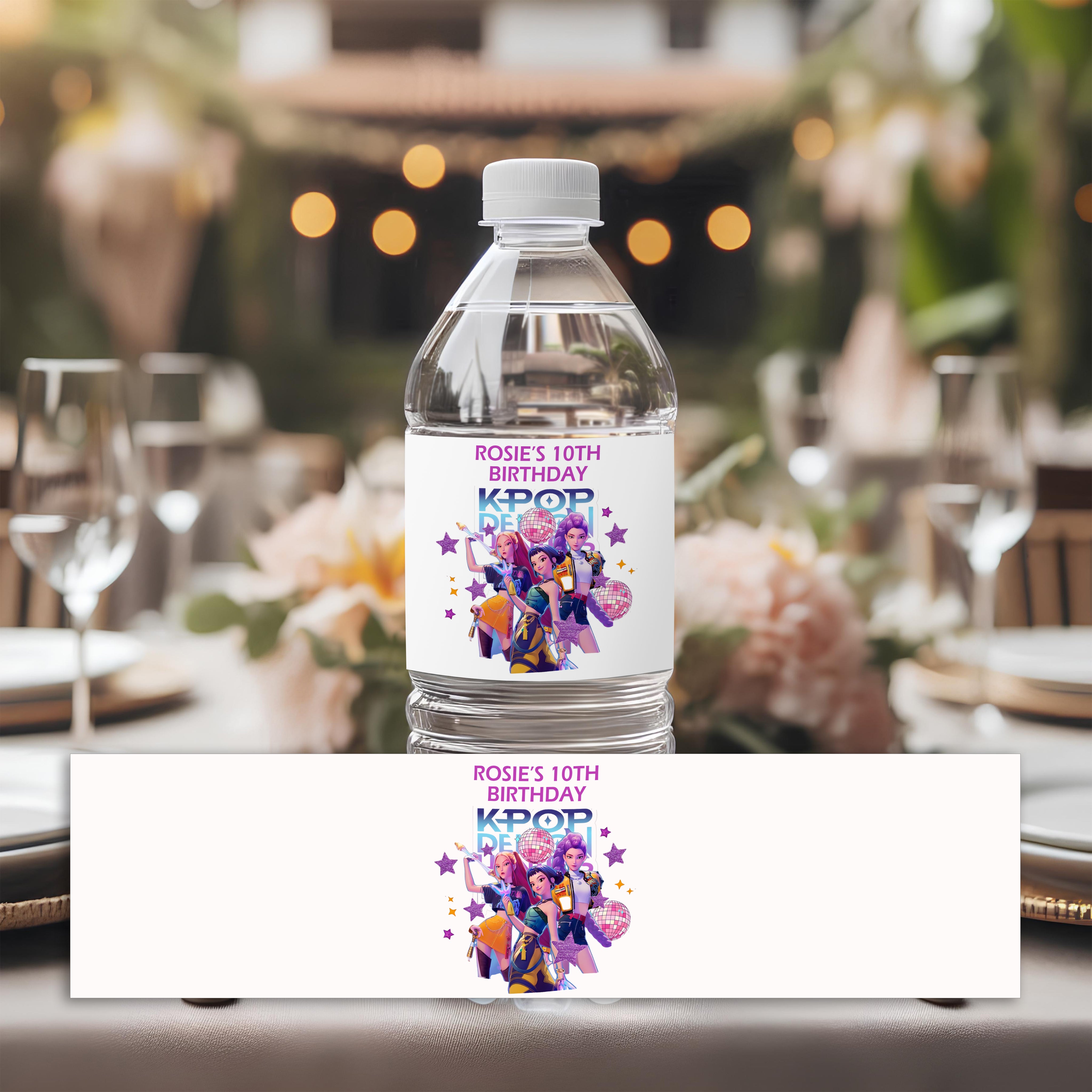 Personalised K-Pop Demon Hunters Party Water Bottle Stickers | Huntrix Inspired Birthday Labels |  Sweet Cones, Gift Bags & Party Favours