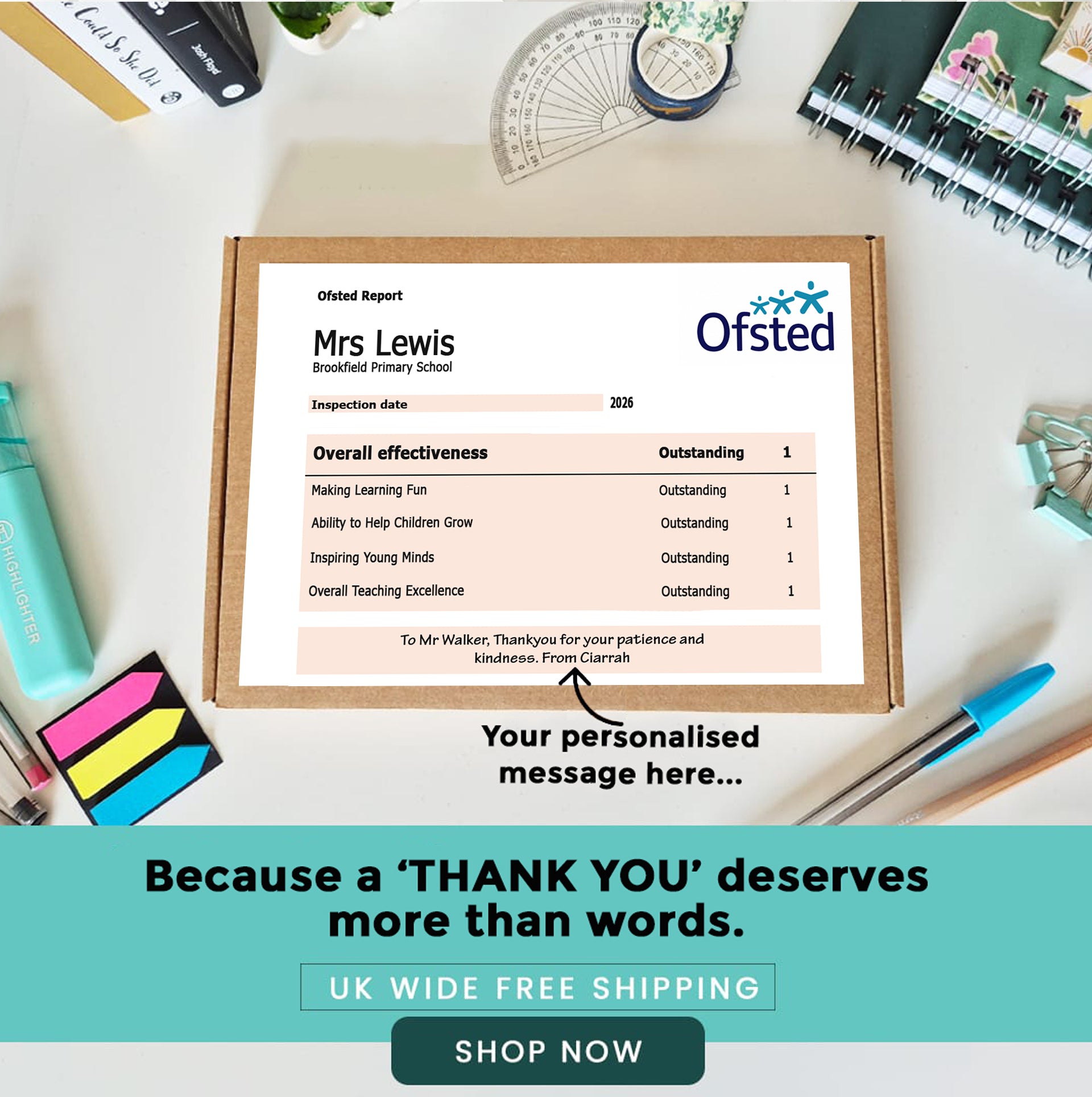 Personalised Teacher Thank You Gift Box – Ofsted-Style Report  Hug in a box, Letterbox gift Afternoon tea, hamper gift, thank you chocolates and other options