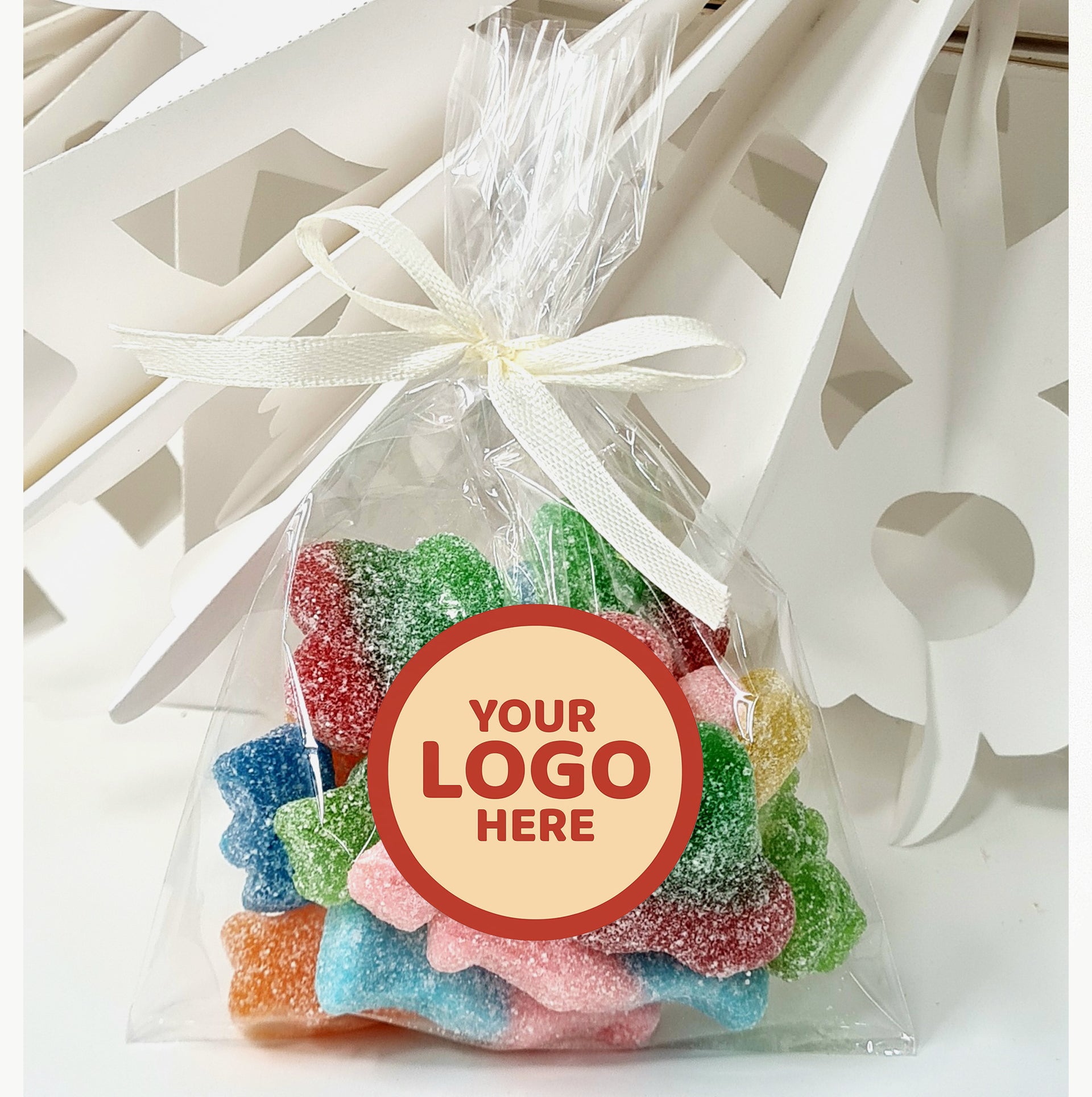 Personalised Logo Sweet Bags | Pre-Filled Vegan Favour Bags with Stickers | Corporate Event | Trade Show Giveaways | Custom Branded Treats