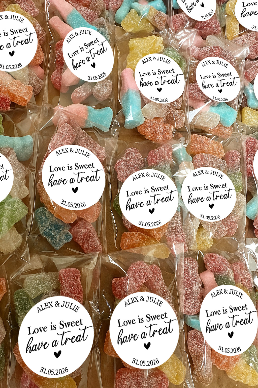 Personalised Sweet Wedding Stickers Sweet bags- Love is sweet Cone Bags Favour Luxury labels with Vegan/Halal sweets