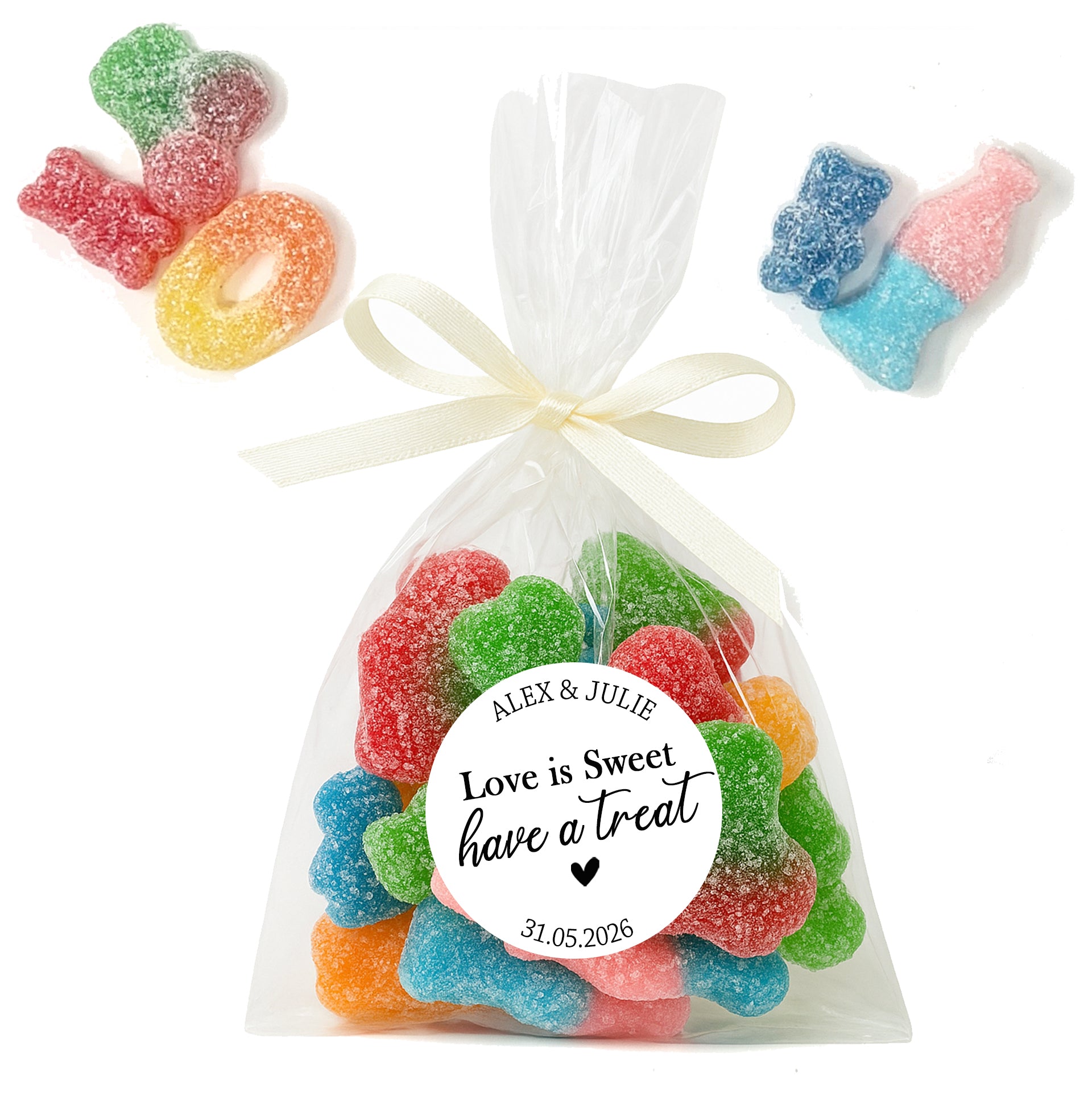 Personalised Sweet Wedding Stickers Sweet bags- Love is sweet Cone Bags Favour Luxury labels with Vegan/Halal sweets