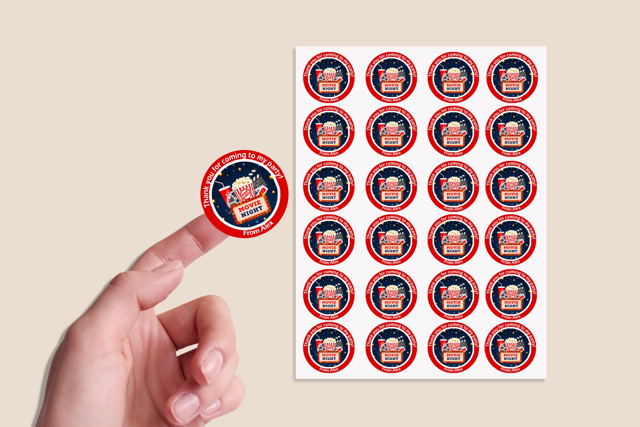 Personalised Movie Sleepover Party Stickers – Thank You Labels for Sweet Cones & Favour Bags