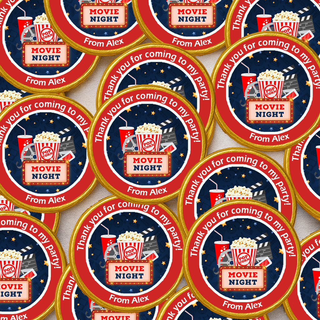 Personalised Movie Sleepover Party Stickers – Thank You Labels for Sweet Cones & Favour Bags