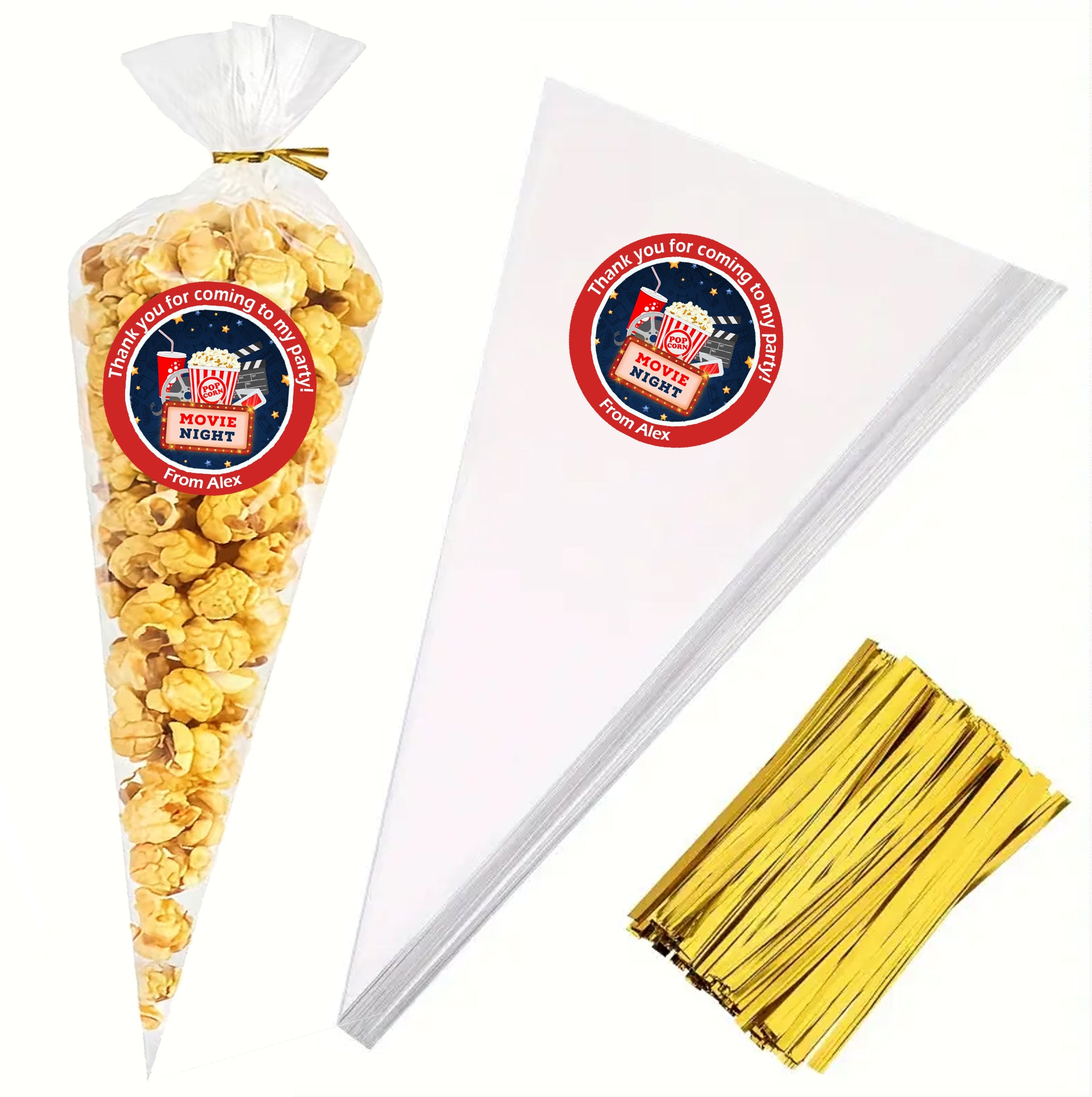 Personalised Movie Sleepover Party Stickers – Thank You Labels for Sweet Cones & Favour Bags