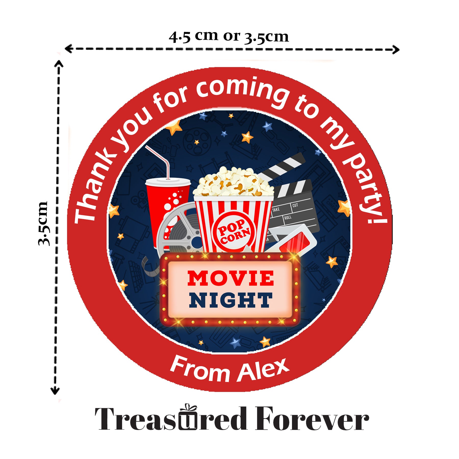 Personalised Movie Sleepover Party Stickers – Thank You Labels for Sweet Cones & Favour Bags