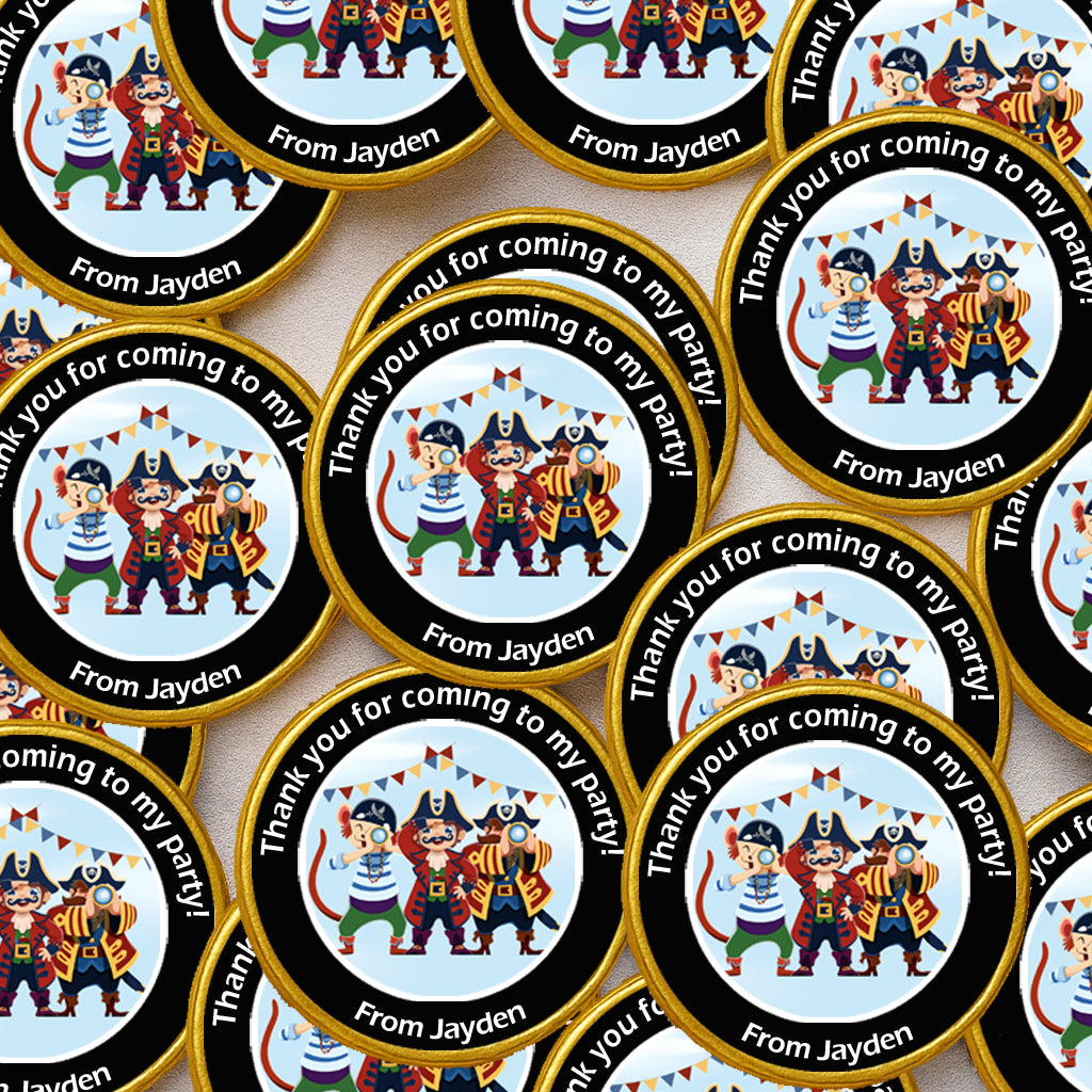 Personalised Pirate Birthday Chocolate Coins – Gold Foil Treasure Party Favours | Custom Name Stickers | Kids Party Bags | Bulk Options