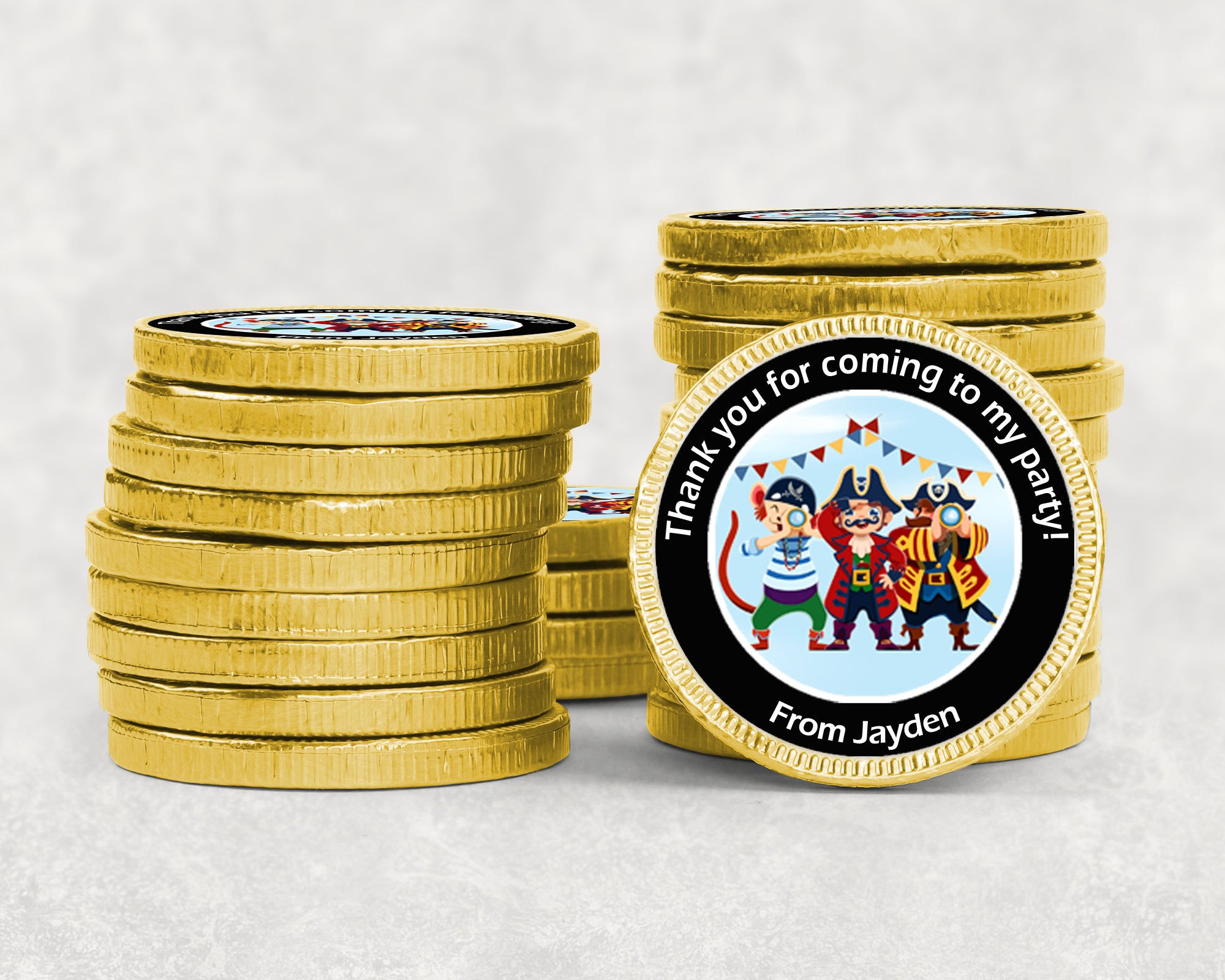 Personalised Pirate Birthday Chocolate Coins – Gold Foil Treasure Party Favours | Custom Name Stickers | Kids Party Bags | Bulk Options