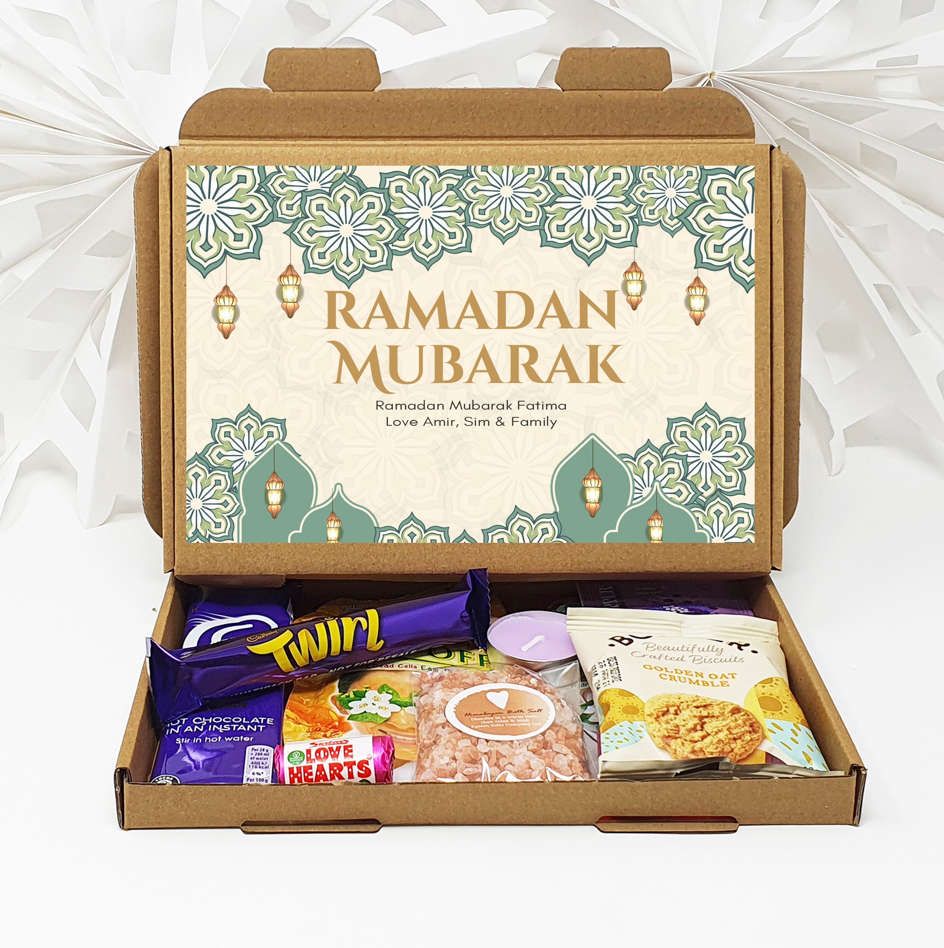 Personalised Eid / Ramadan Mubarak Eid Sweets Hug in a box, Letterbox gift Afternoon tea, hamper gift - Teal Design